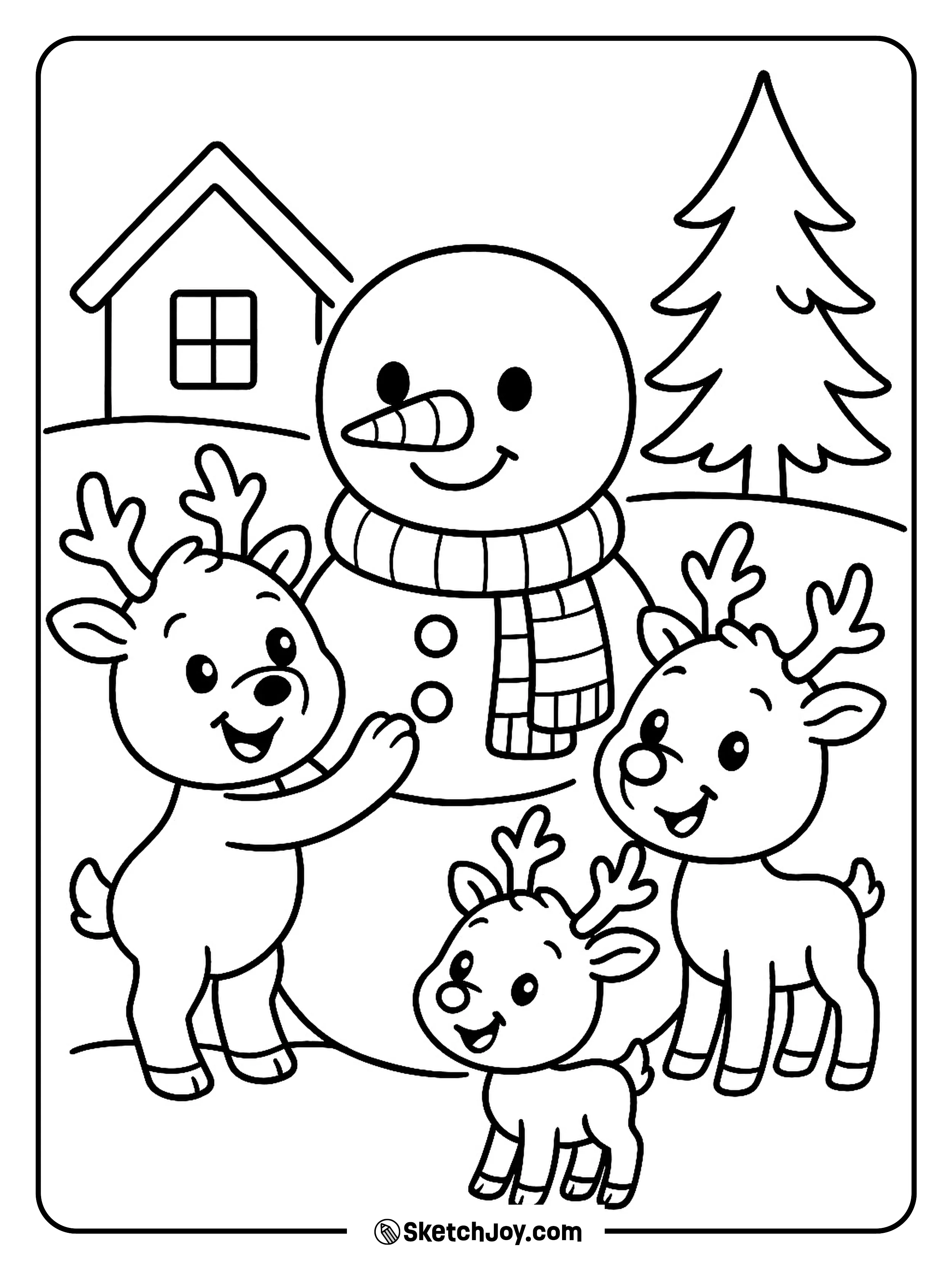 Rudolph and a few young reindeer friends build a happy snowman.
