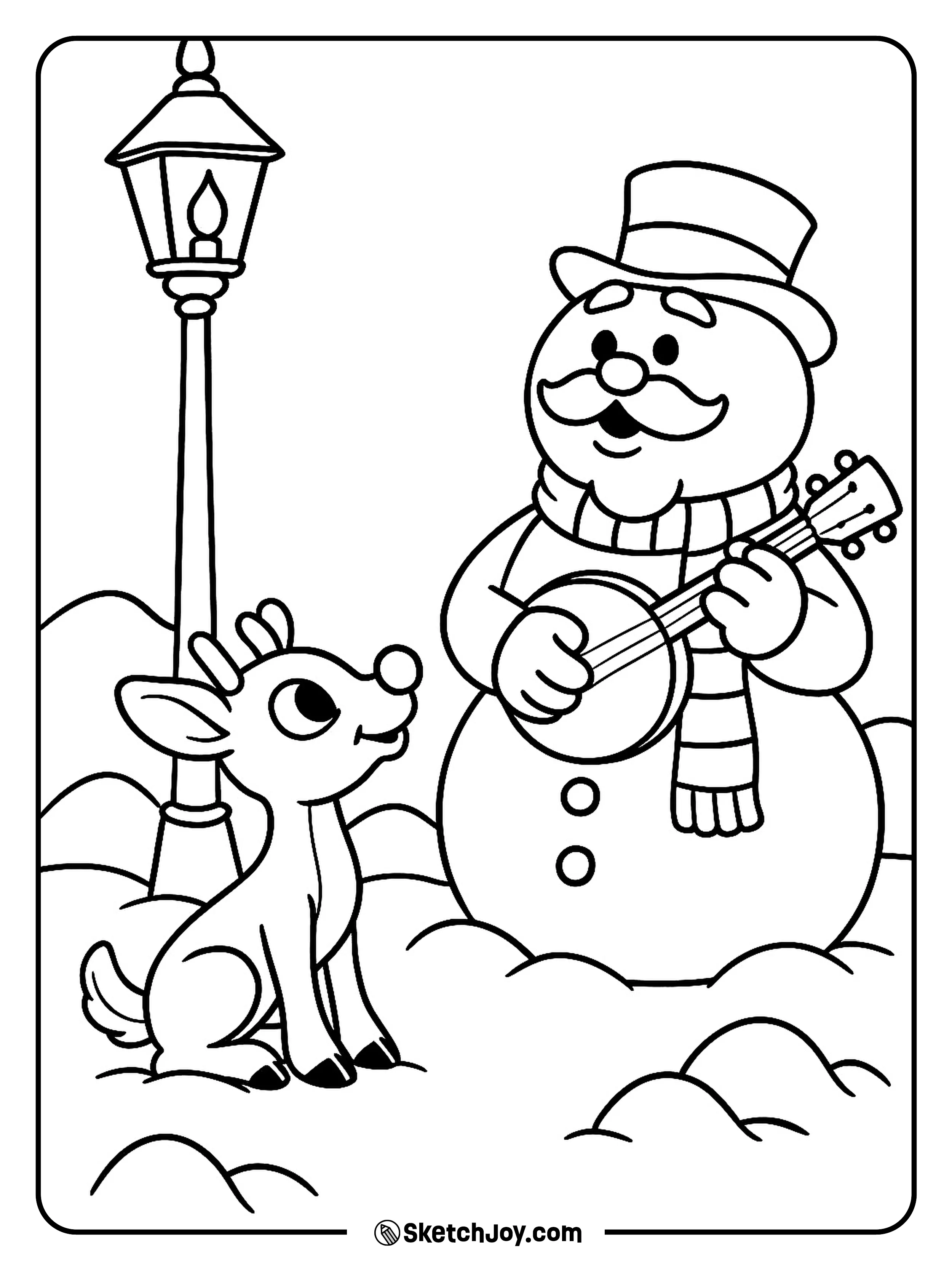Rudolph listens while Sam the Snowman strums his banjo.