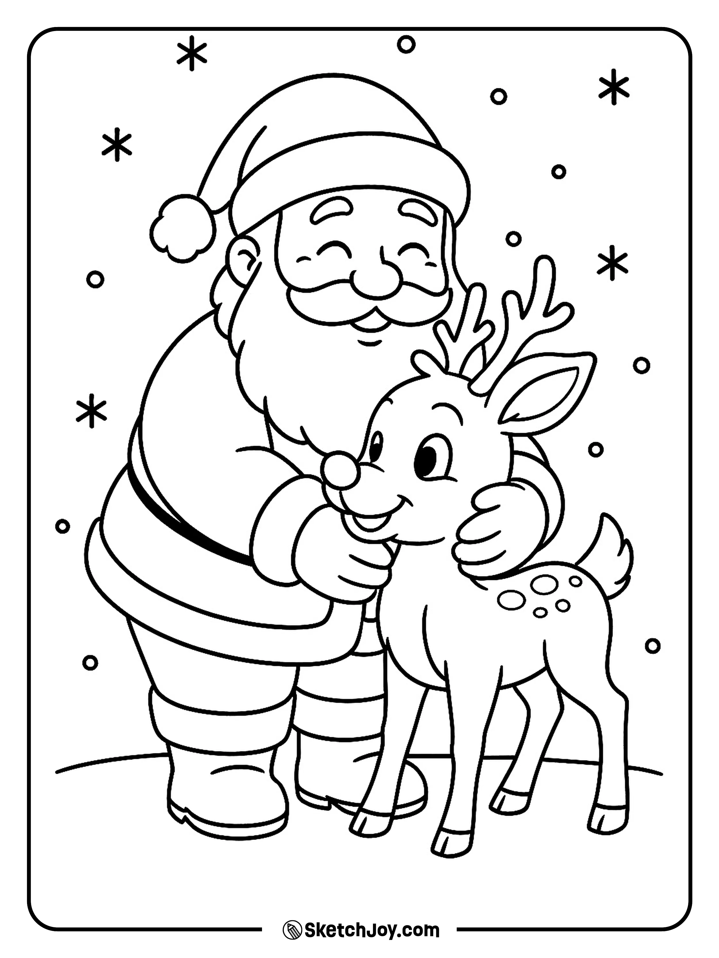 Santa gives Rudolph a warm hug to thank him for saving Christmas.