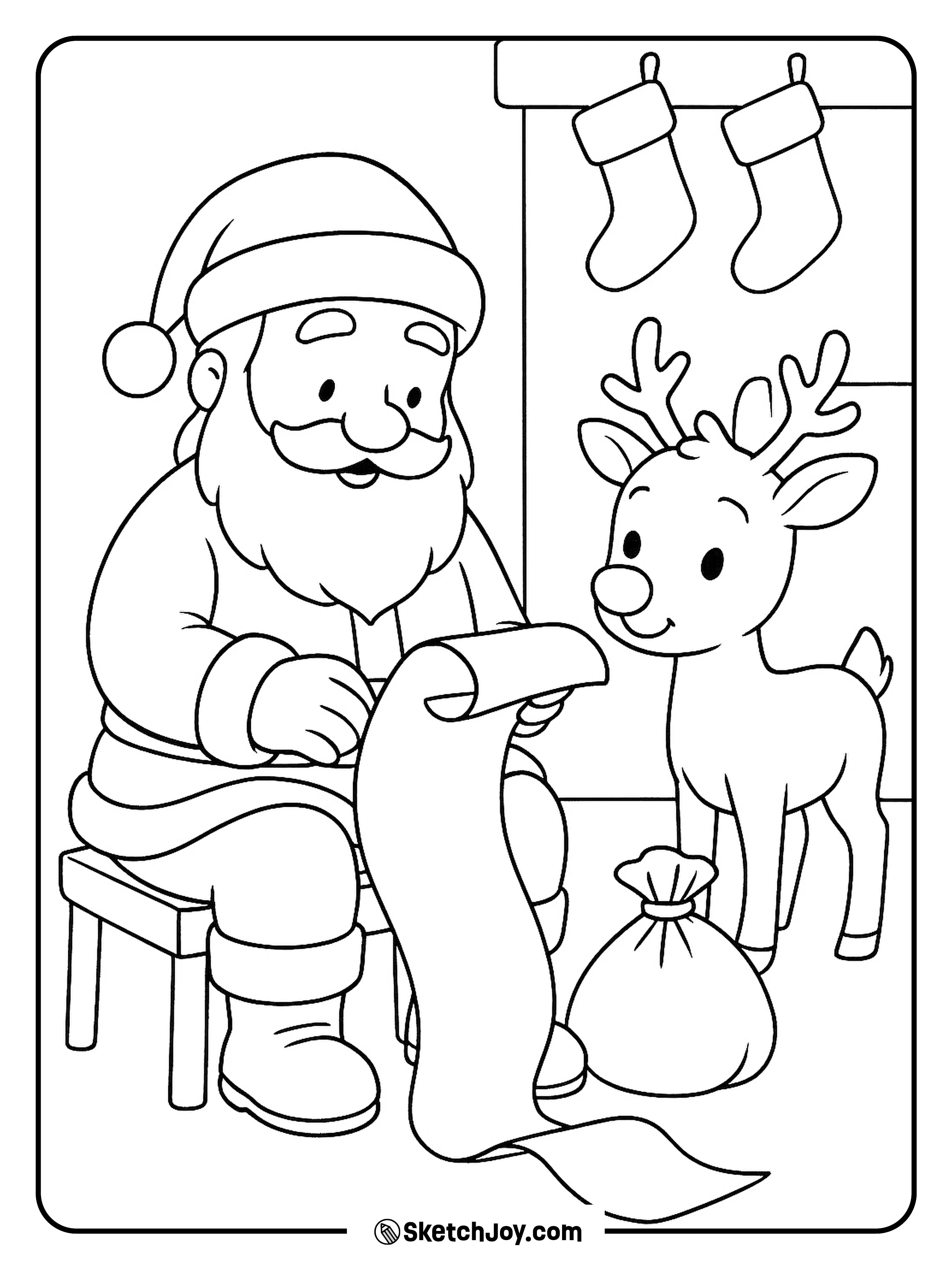 Rudolph stands beside Santa as he checks his long gift list.