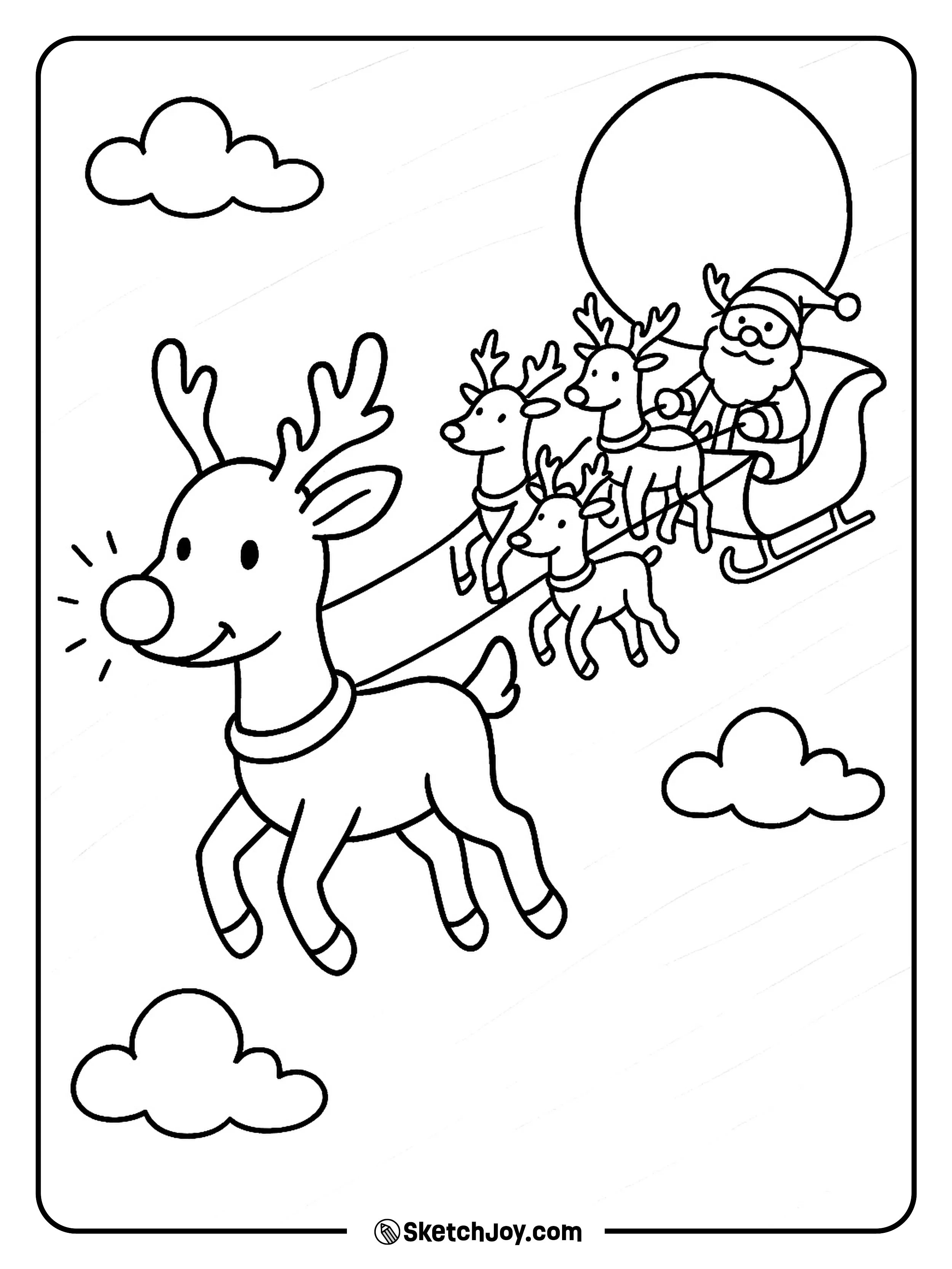 Rudolph flies in front of Santa’s sleigh, lighting the way through a foggy sky.