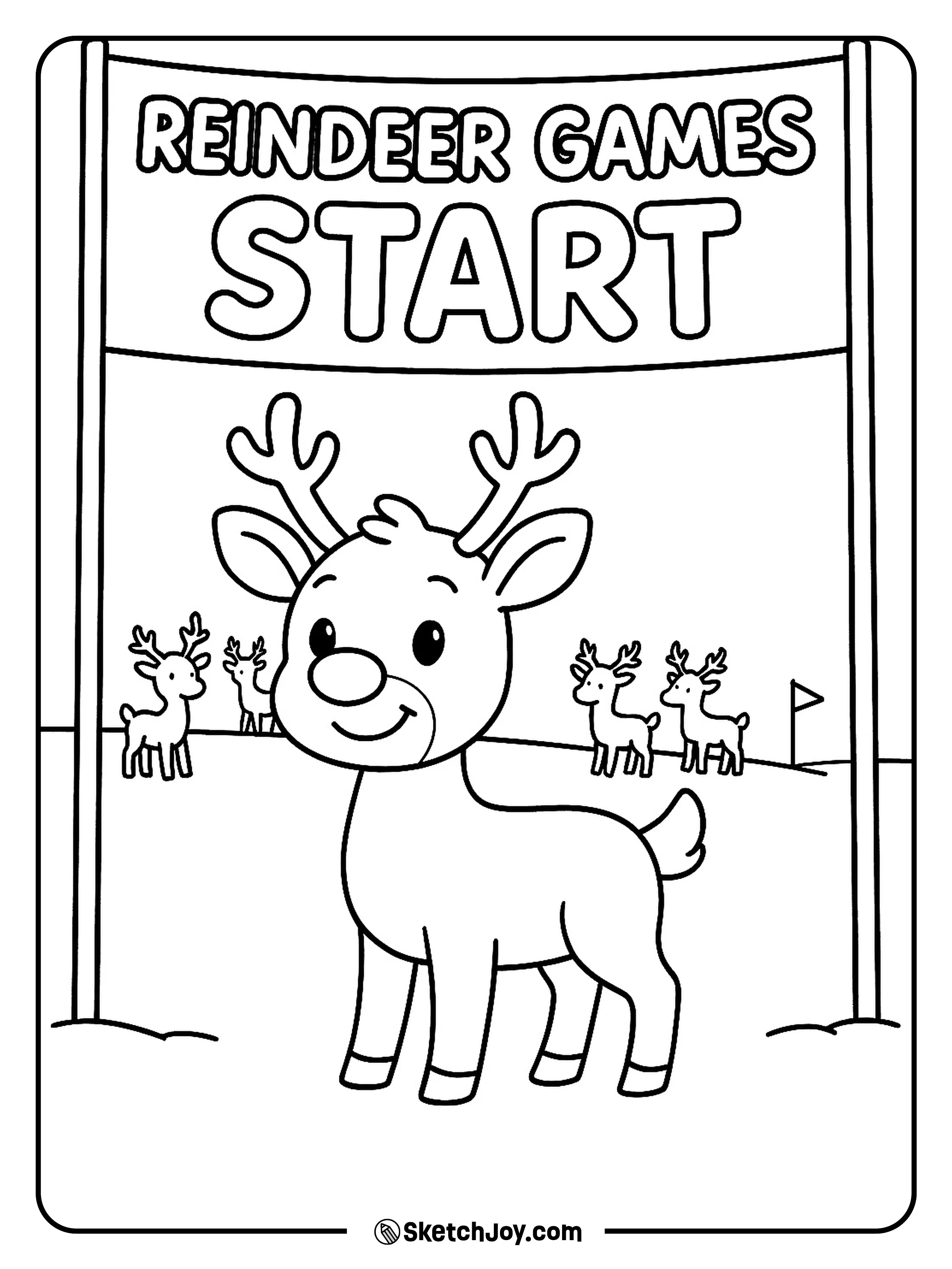 Rudolph waits at the start line of the Reindeer Games with a hopeful look.