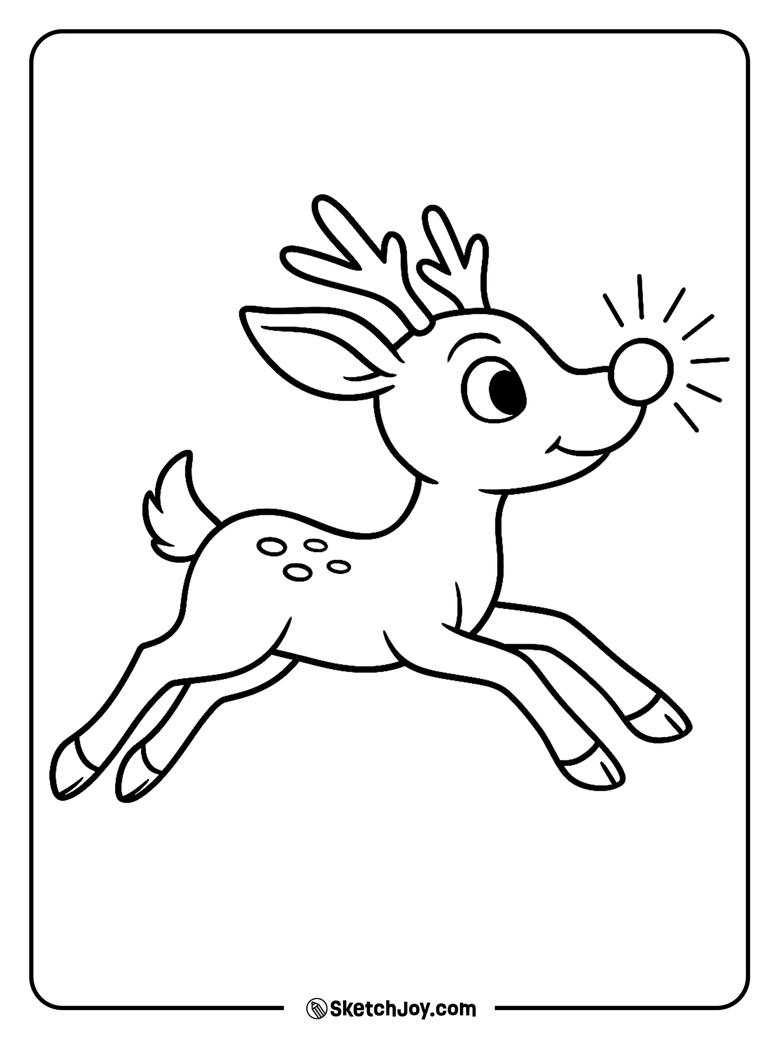 Rudolph flies fast with legs stretched and nose glowing strong.
