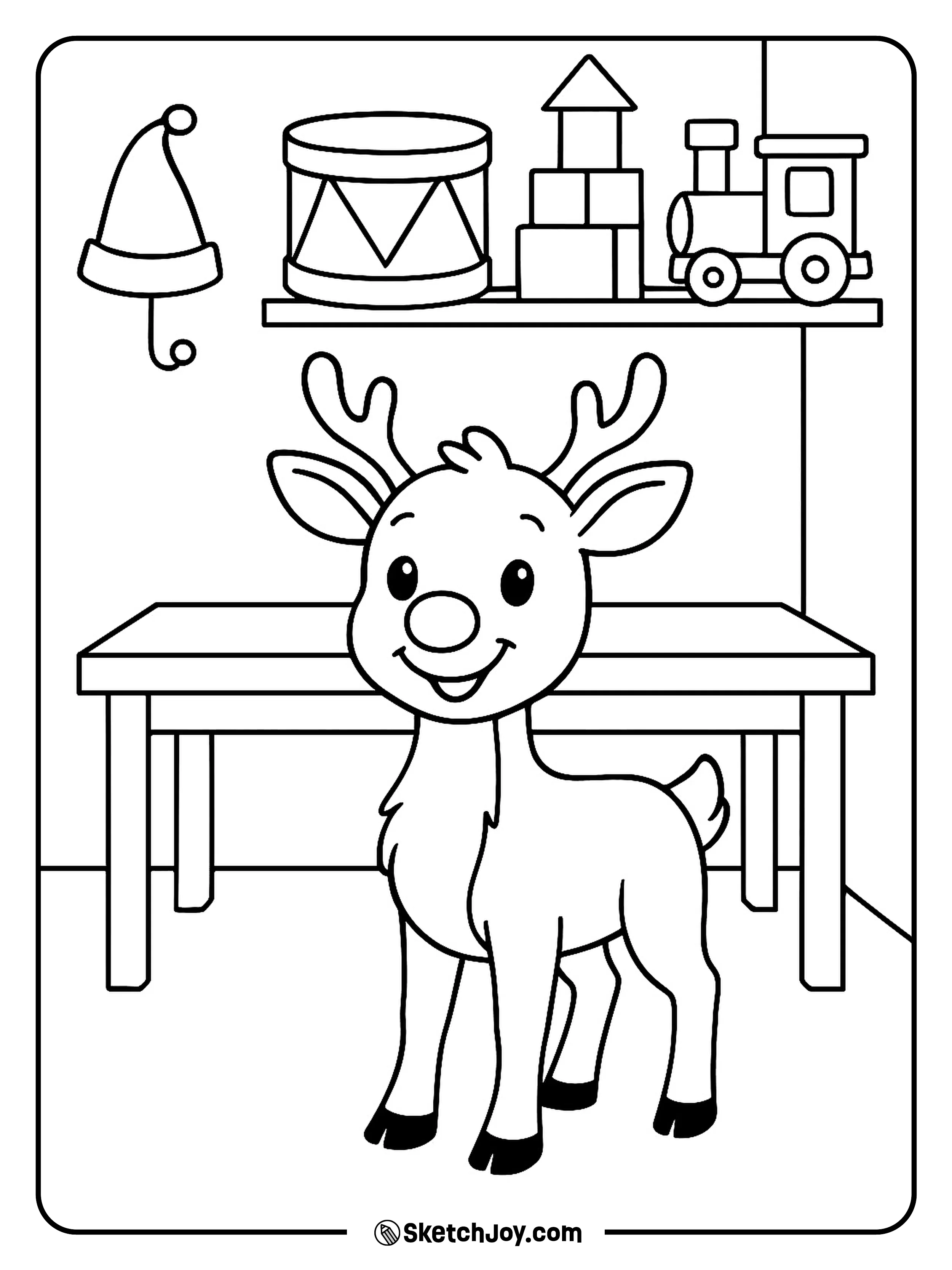 Rudolph steps into the elf workshop filled with simple toys and tools.