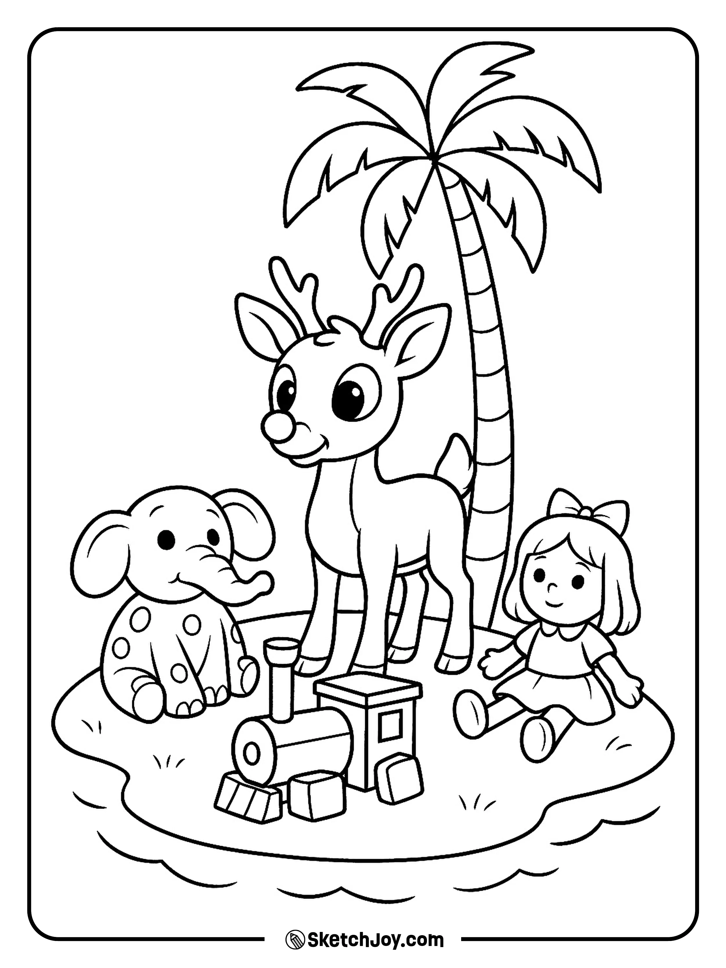 Rudolph stands among a few funny misfit toys with kind smiles.