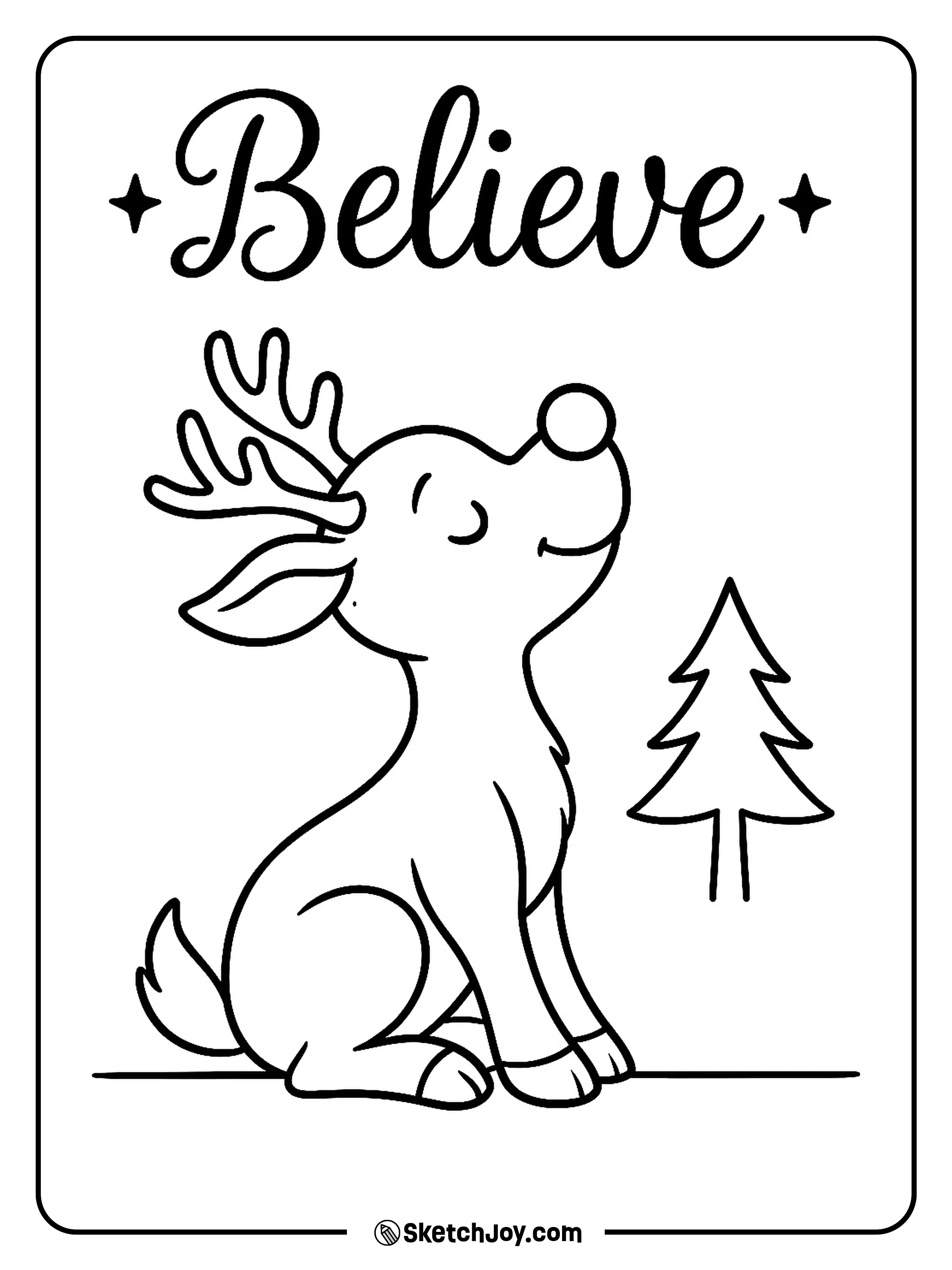 Rudolph looks up at the word “Believe” written in soft script.