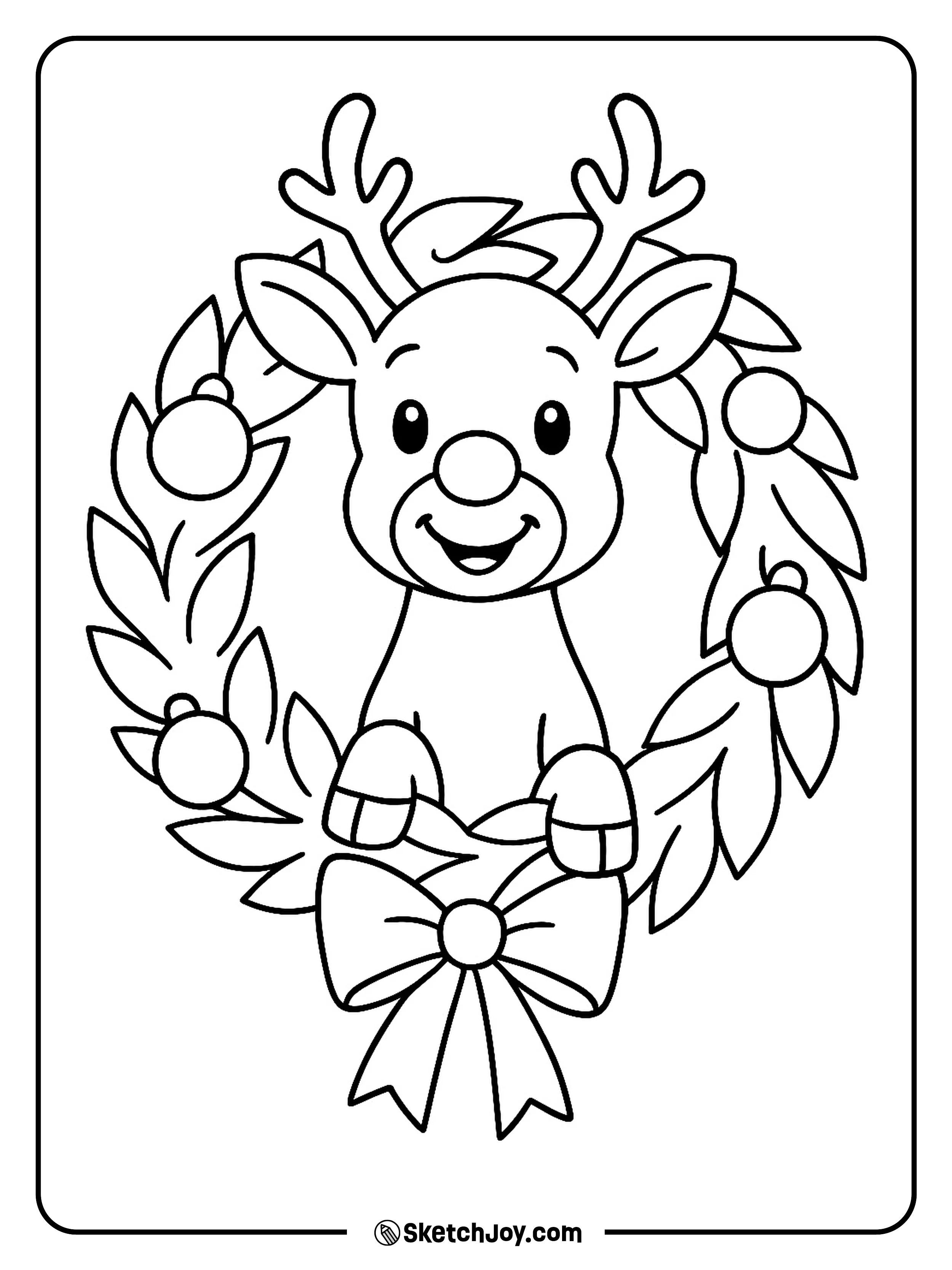 Rudolph peeks through the center of a simple Christmas wreath.