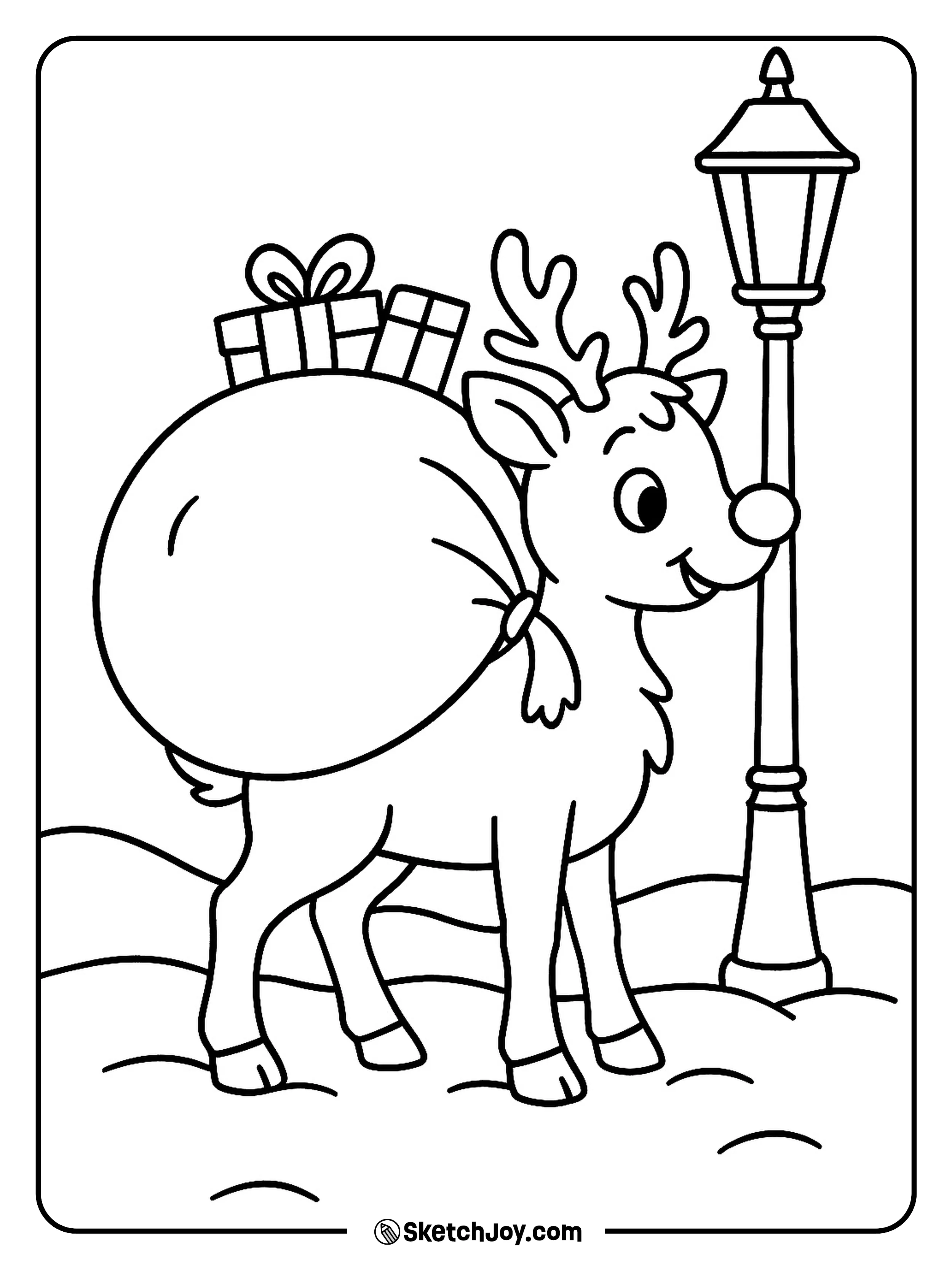Rudolph carries a sack of gifts on his back through light snow.