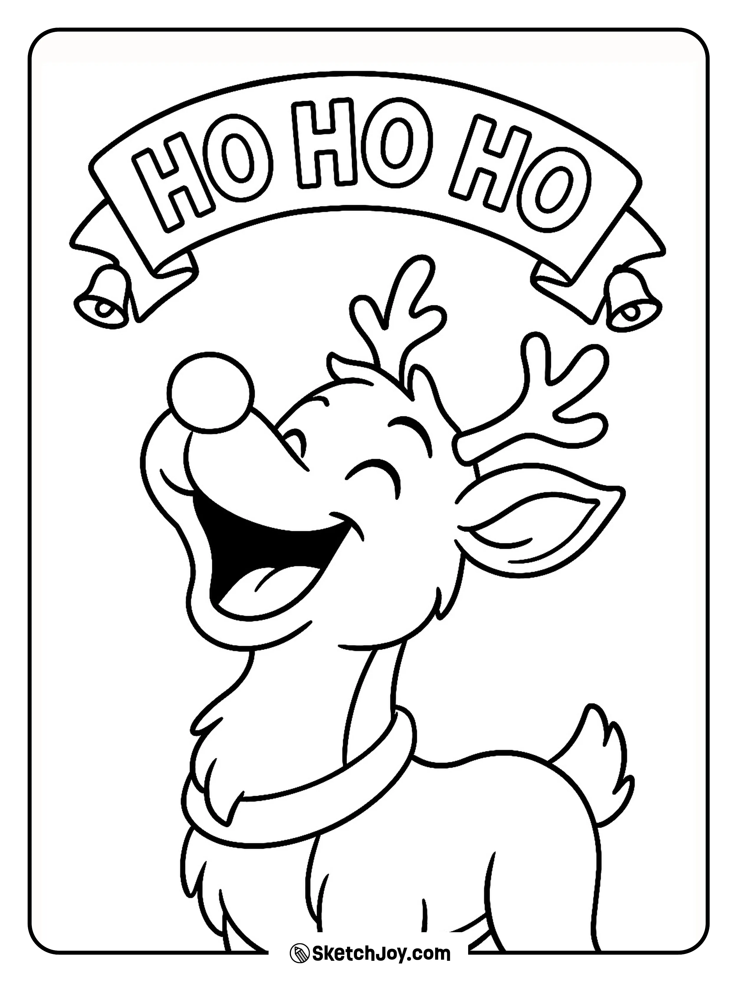 Rudolph laughs under a bold “Ho Ho Ho” banner.