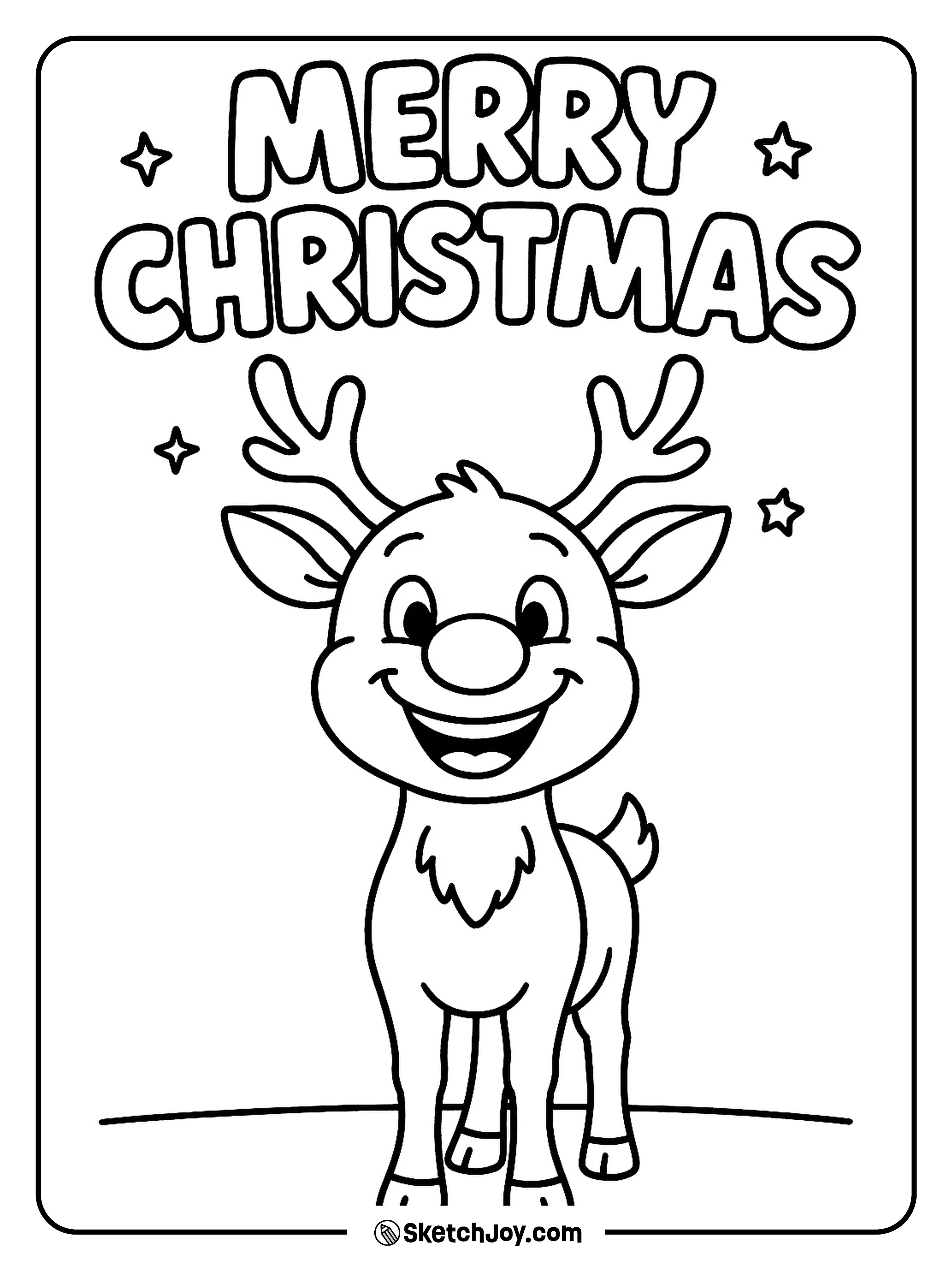 Rudolph smiles under big “Merry Christmas” bubble letters.