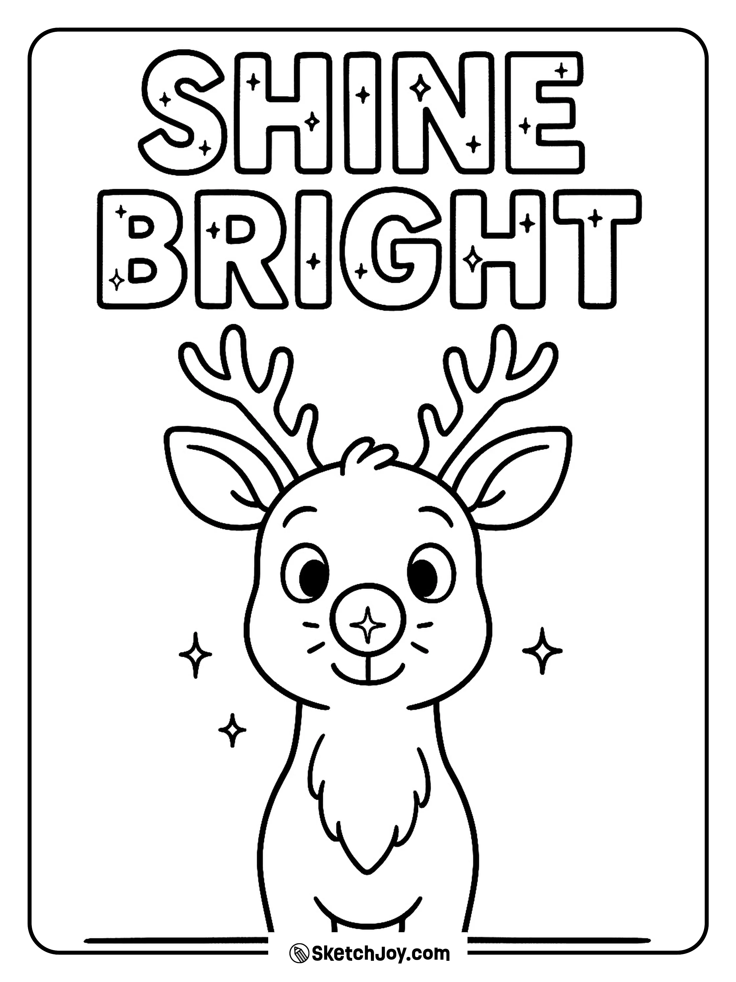 Rudolph stands proud under a bold “Shine Bright” Christmas text.