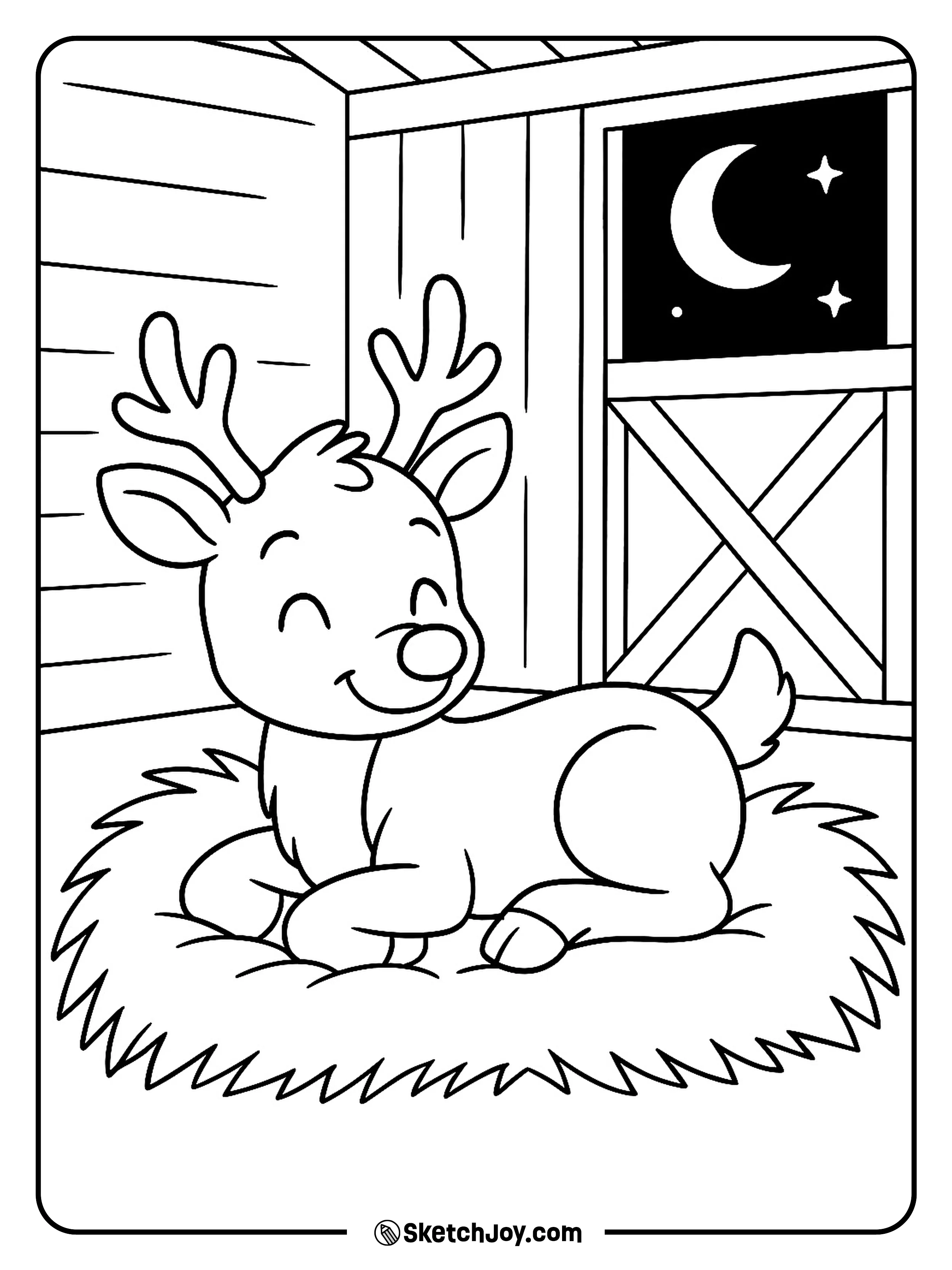 Rudolph rests on hay inside a warm barn with stars outside the door.