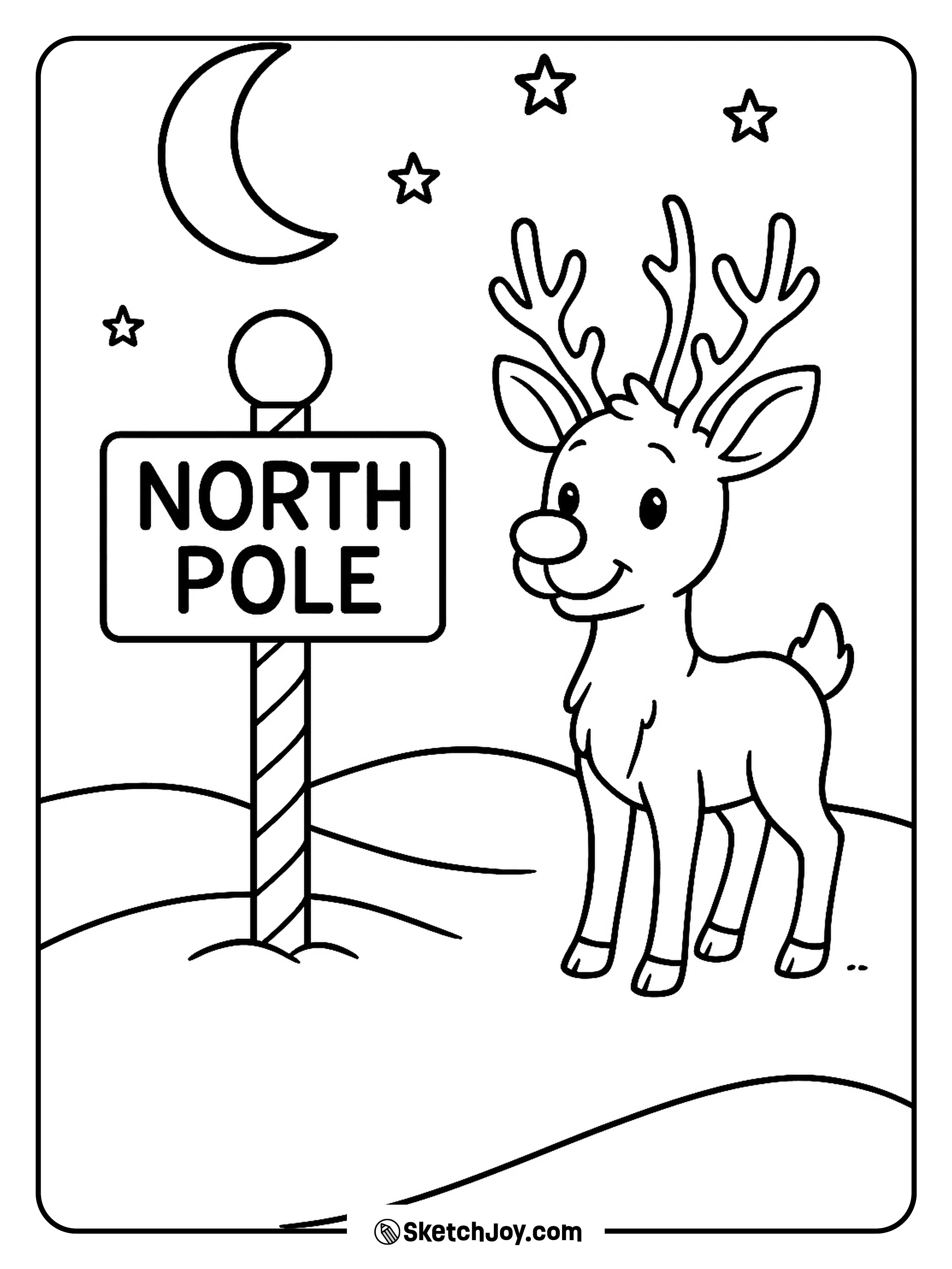 Rudolph stands by a North Pole sign with light snow and stars.
