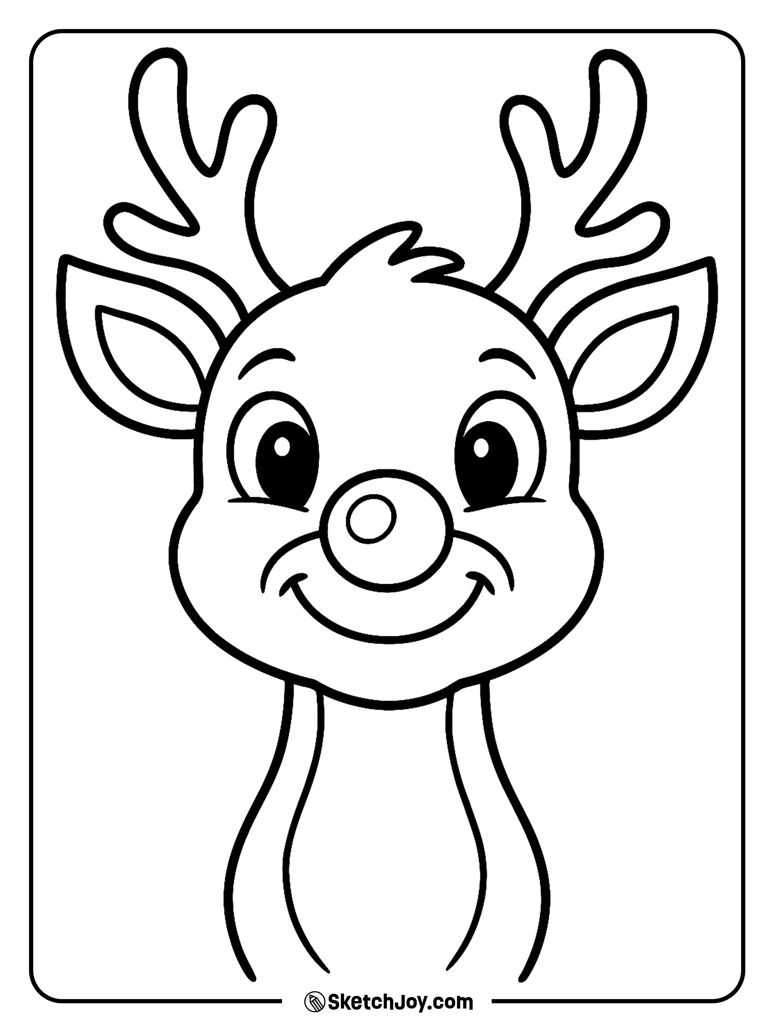 A cute close-up of Rudolph smiling as his bright red nose glows softly.