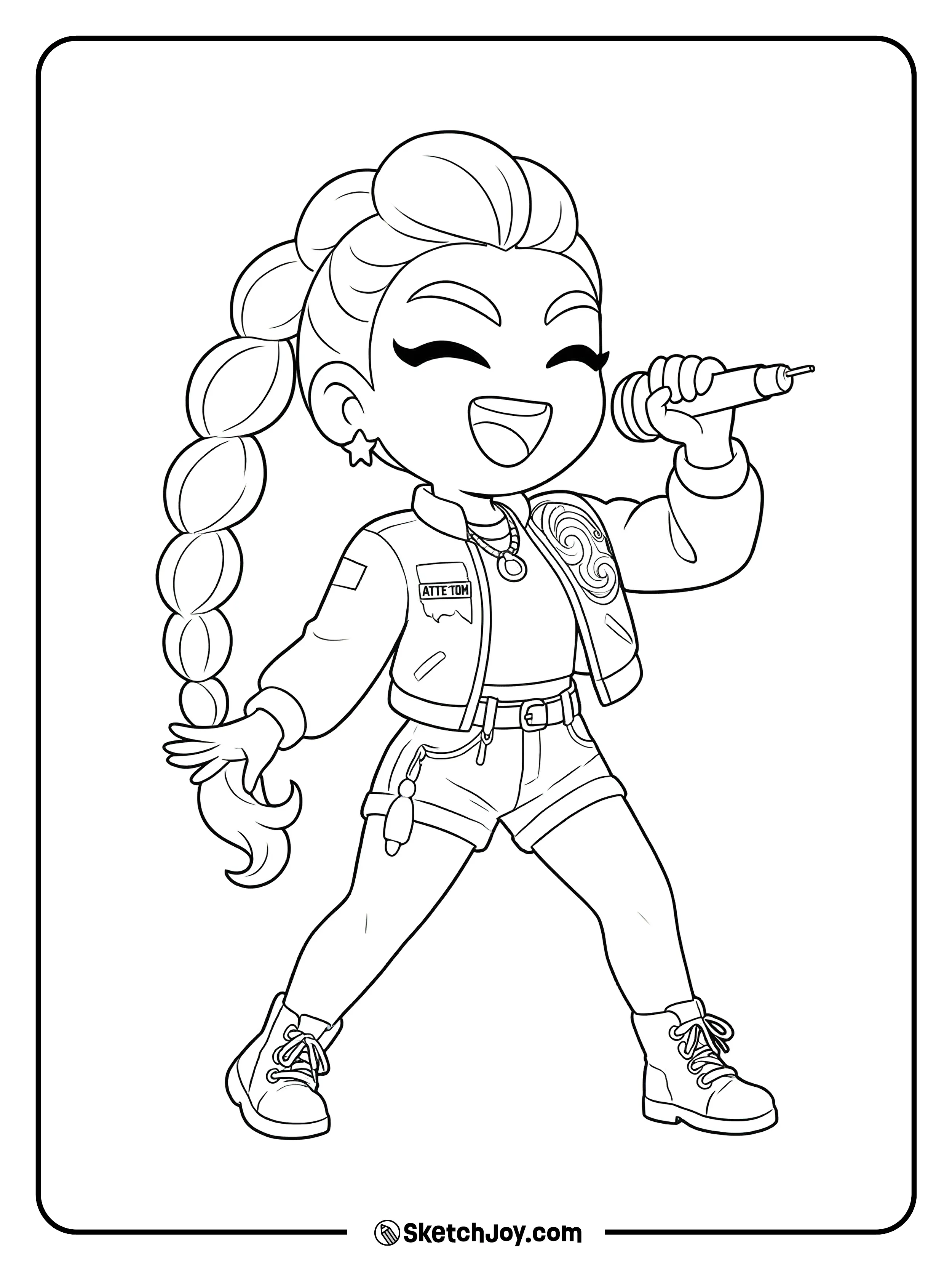 Rumi sings with a microphone and a big smile, ready for a show.