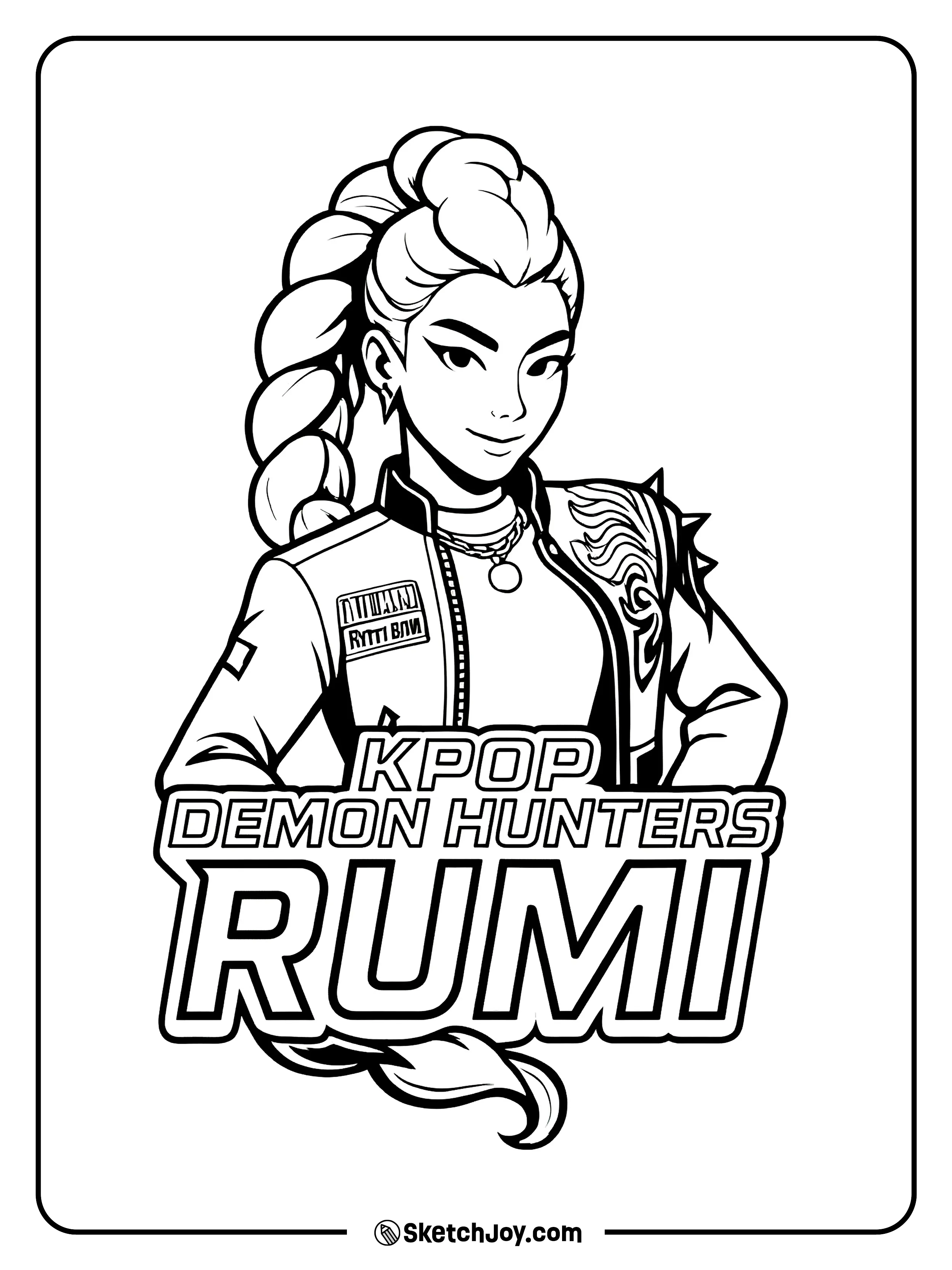 Rumi smiles in her jacket and braid under the KPop Demon Hunters Rumi logo.
