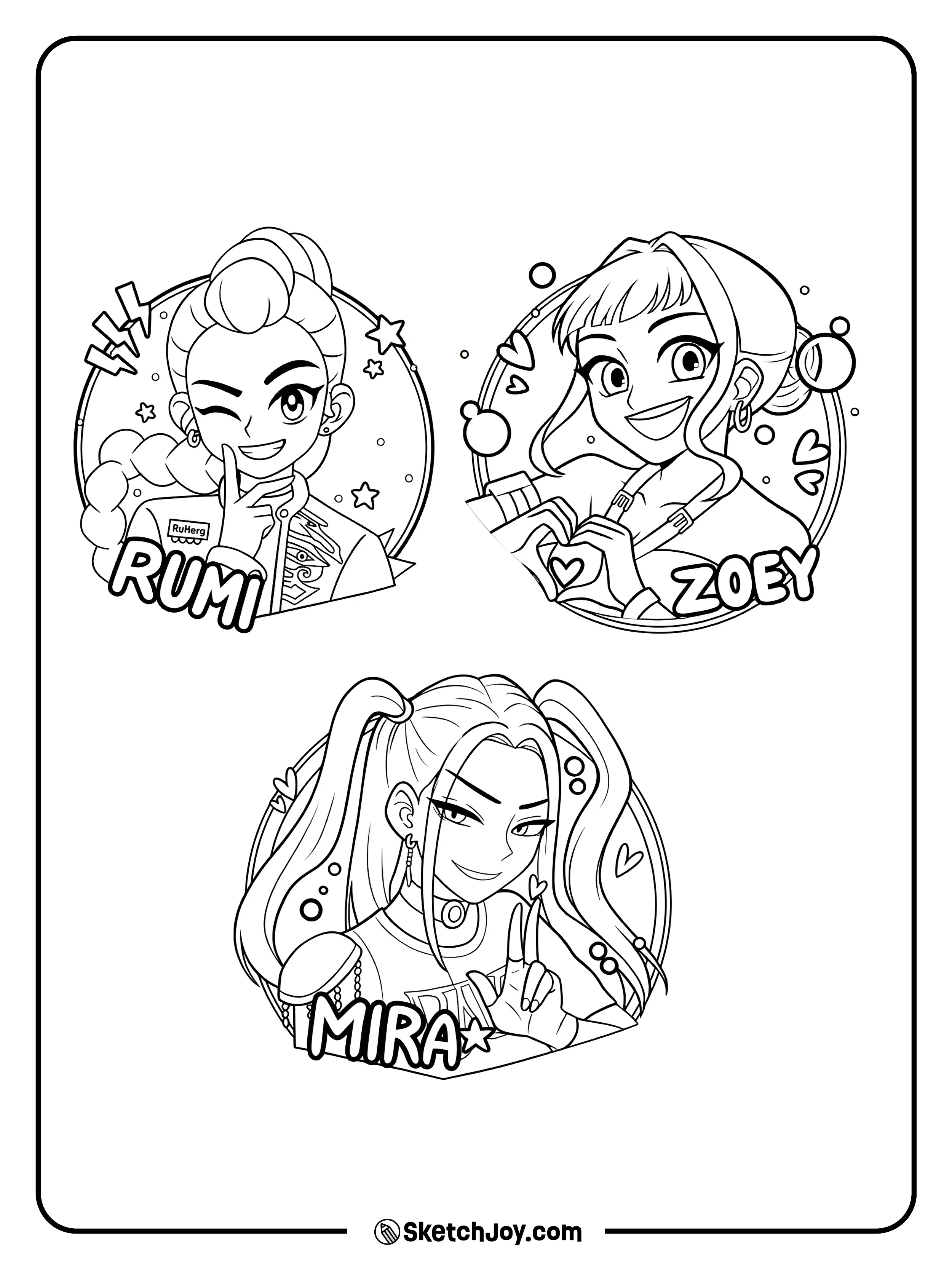 Three cute portraits show Rumi winking, Zoey smiling, and Mira posing inside circle frames.