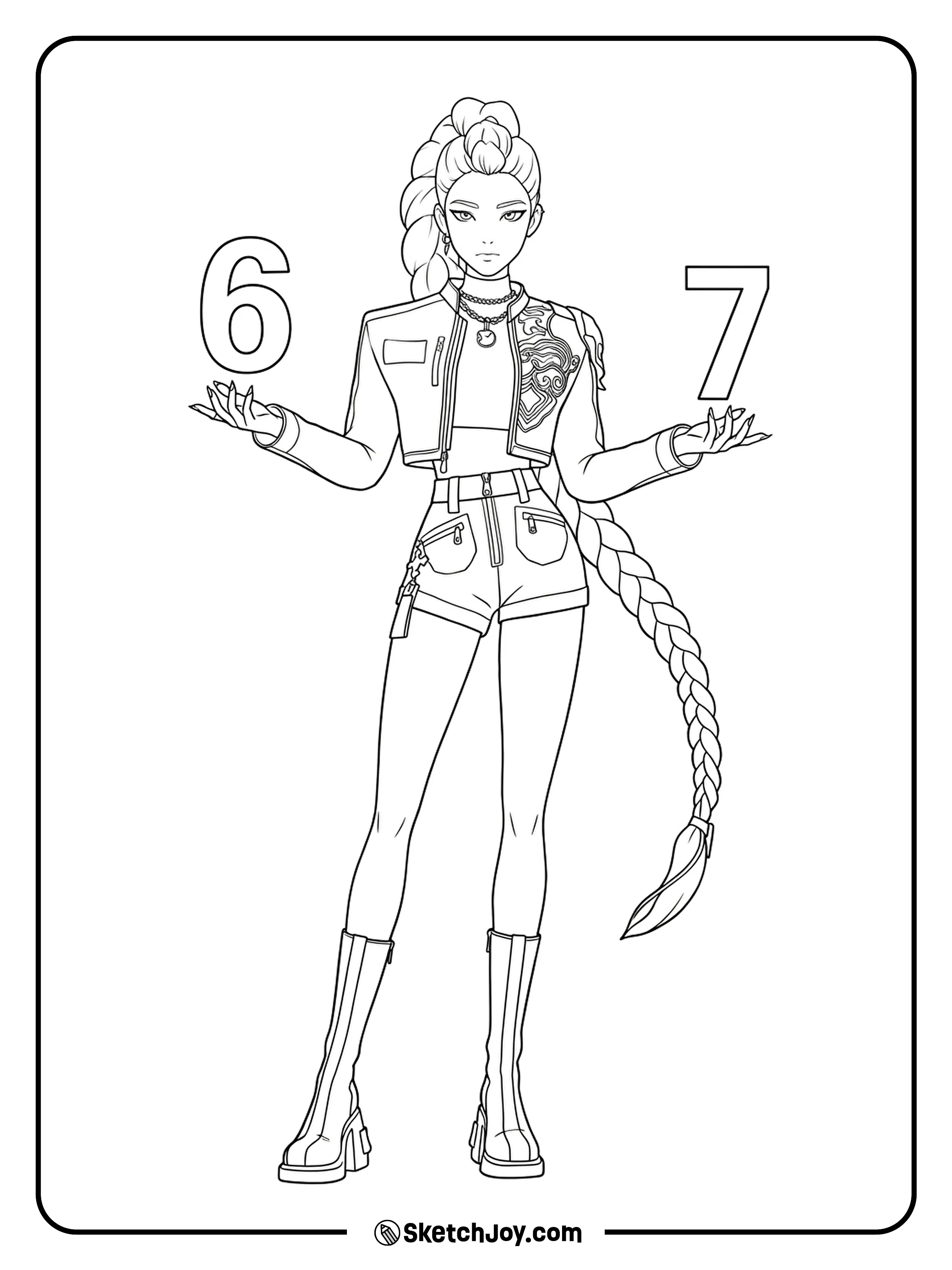 Rumi from HUNTR/X stands calmly holds the numbers 6 and 7 in her open hands.