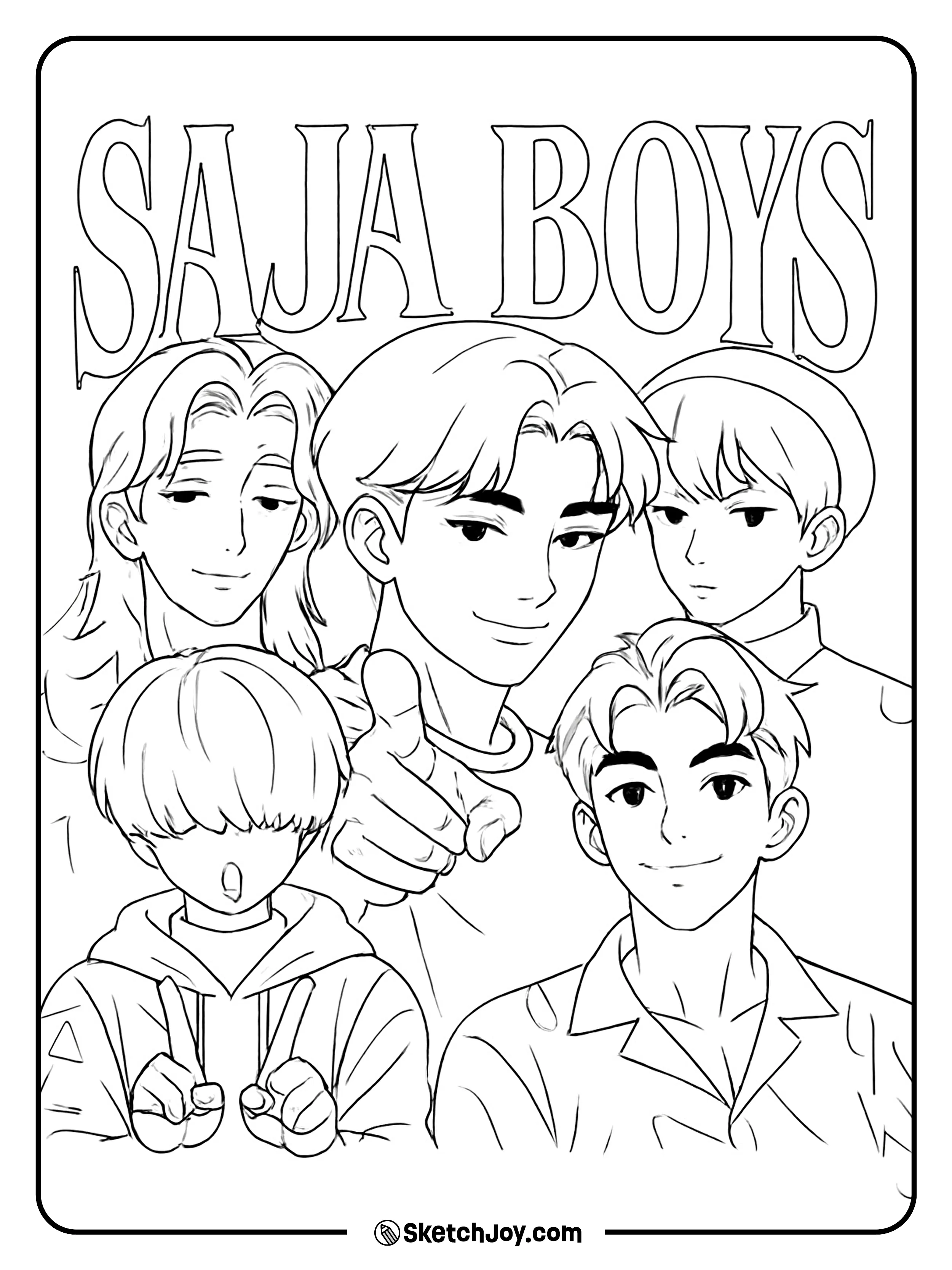 Jinu stands in front while Mystery, Abby, Baby, and Romance pose behind him under the Saja Boys title.