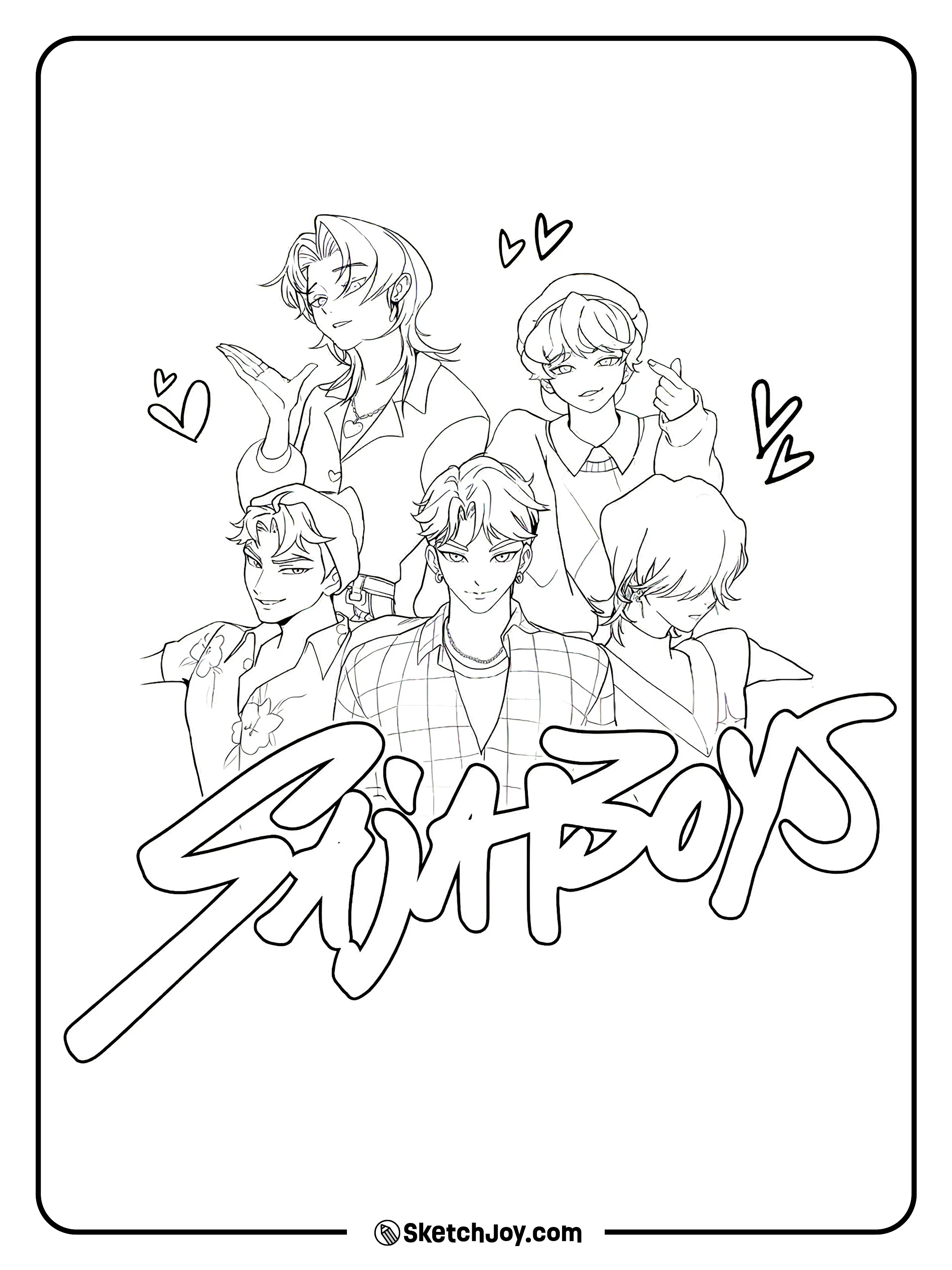 Jinu leads Mystery, Abby, Baby, and Romance as they pose with heart doodles.