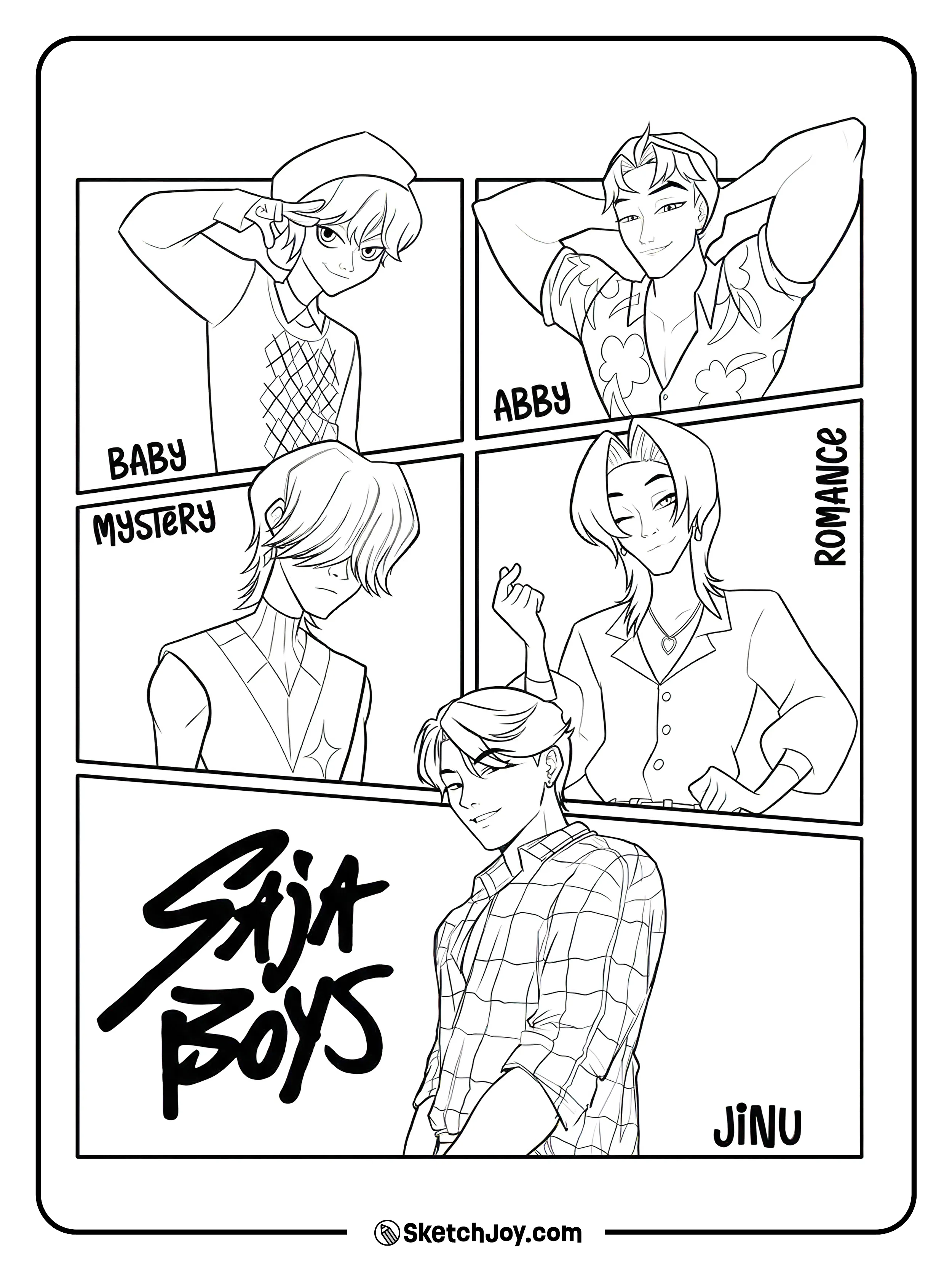 Jinu poses with Baby, Abby, Mystery, and Romance in a clean comic-style layout.