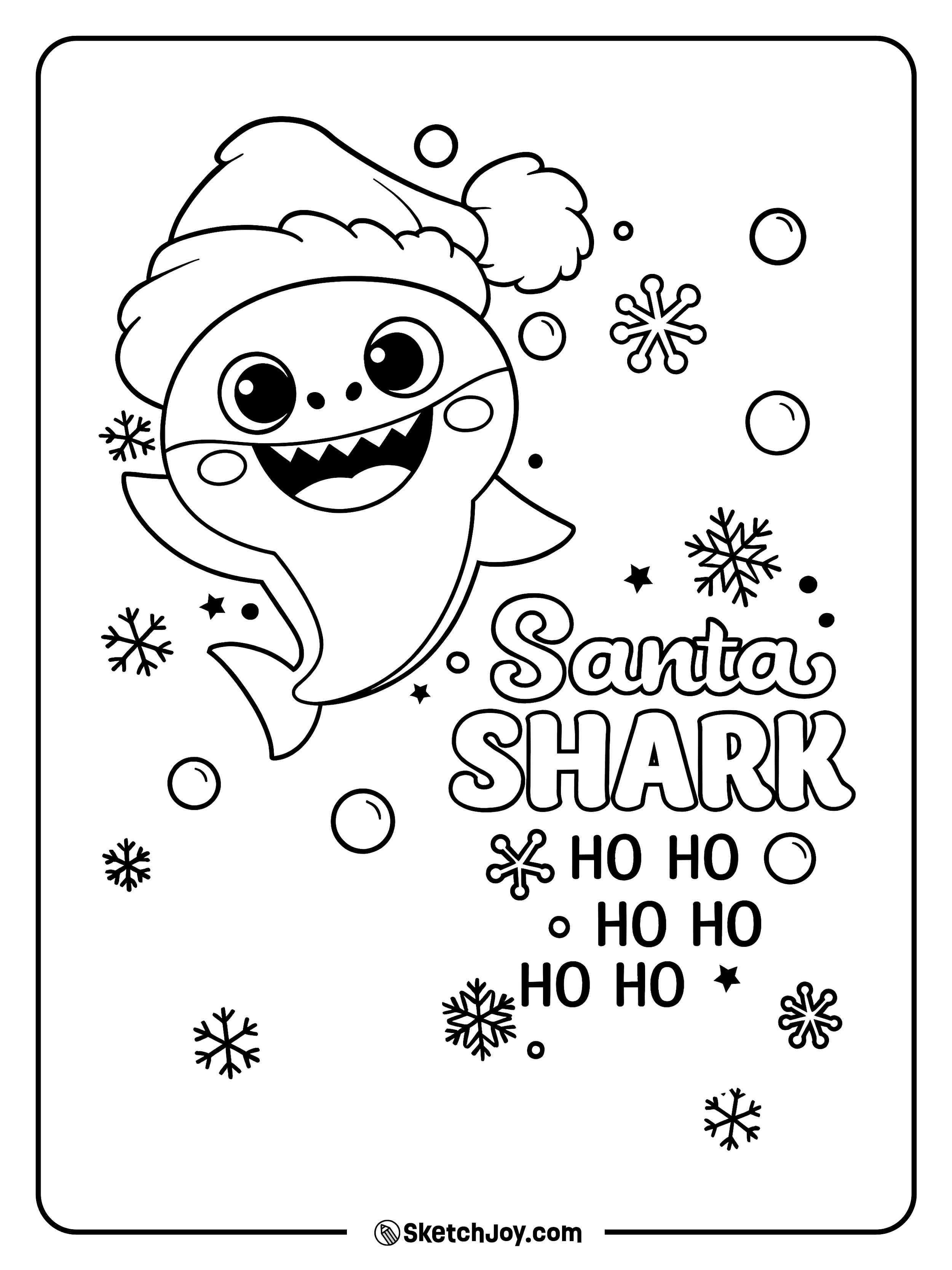 Baby Shark wears a Santa hat and says “ho ho ho” with snowflakes around.
