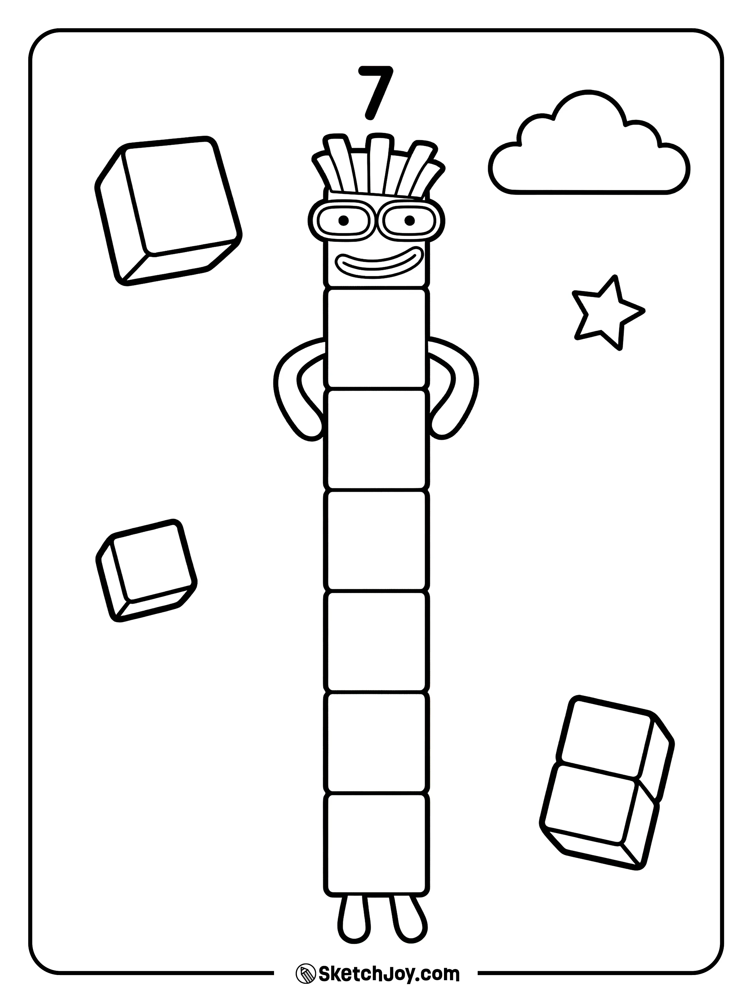 Numberblocks Seven stands in a tall stack with hands on hips.