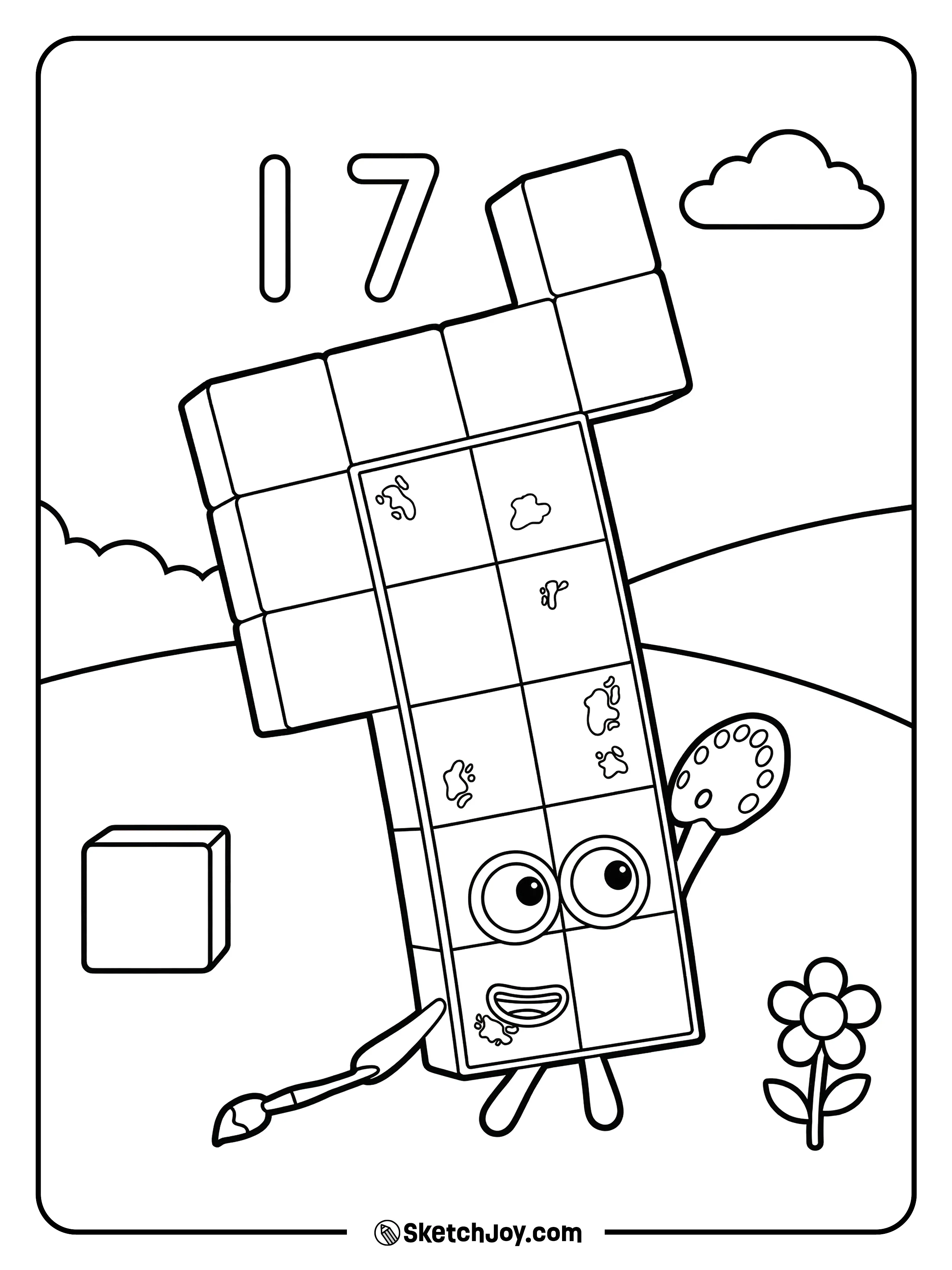 Numberblocks Seventeen holds a brush and palette, ready to paint.