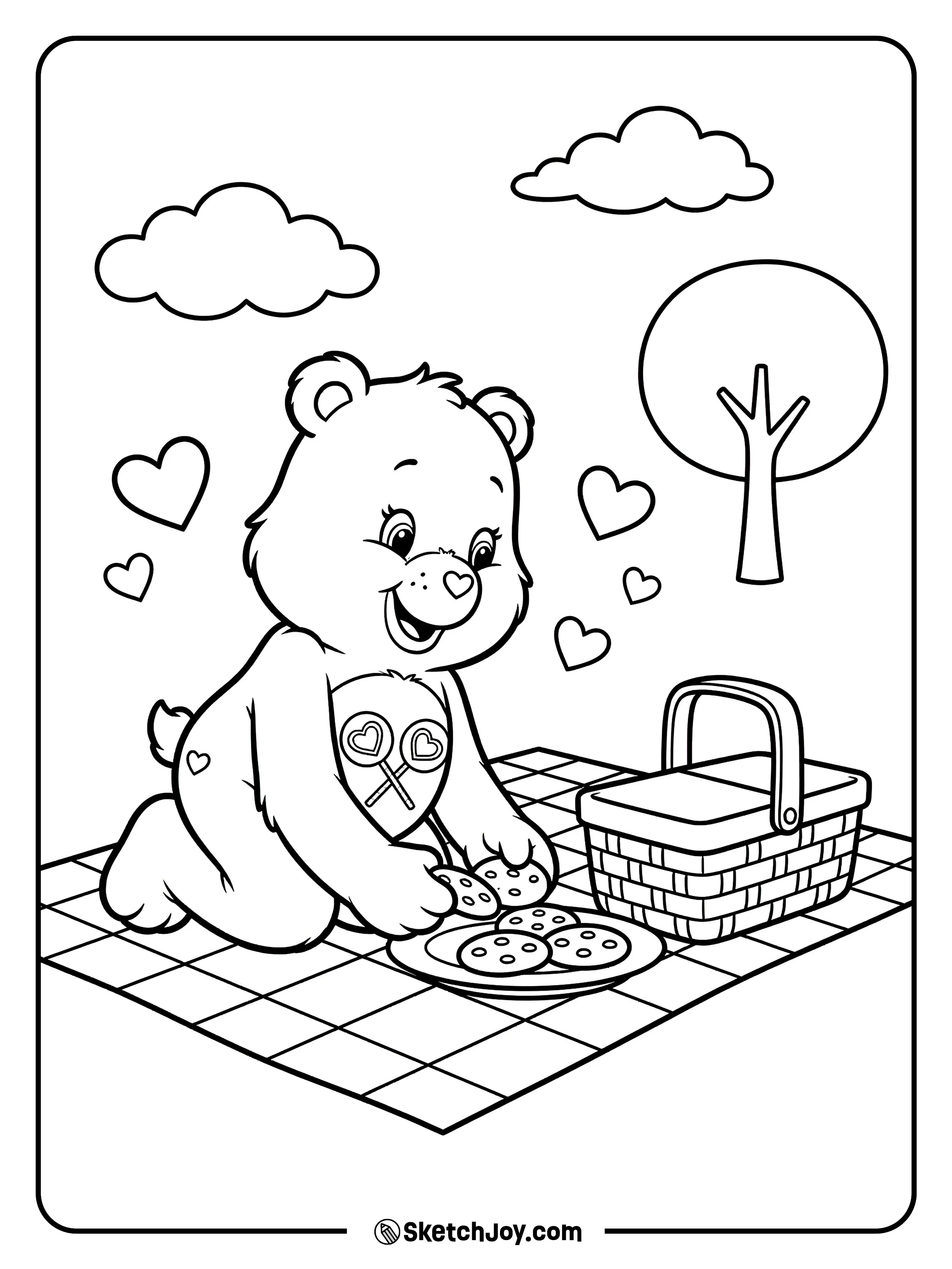 Share Bear sets a plate of cookies on a picnic blanket.