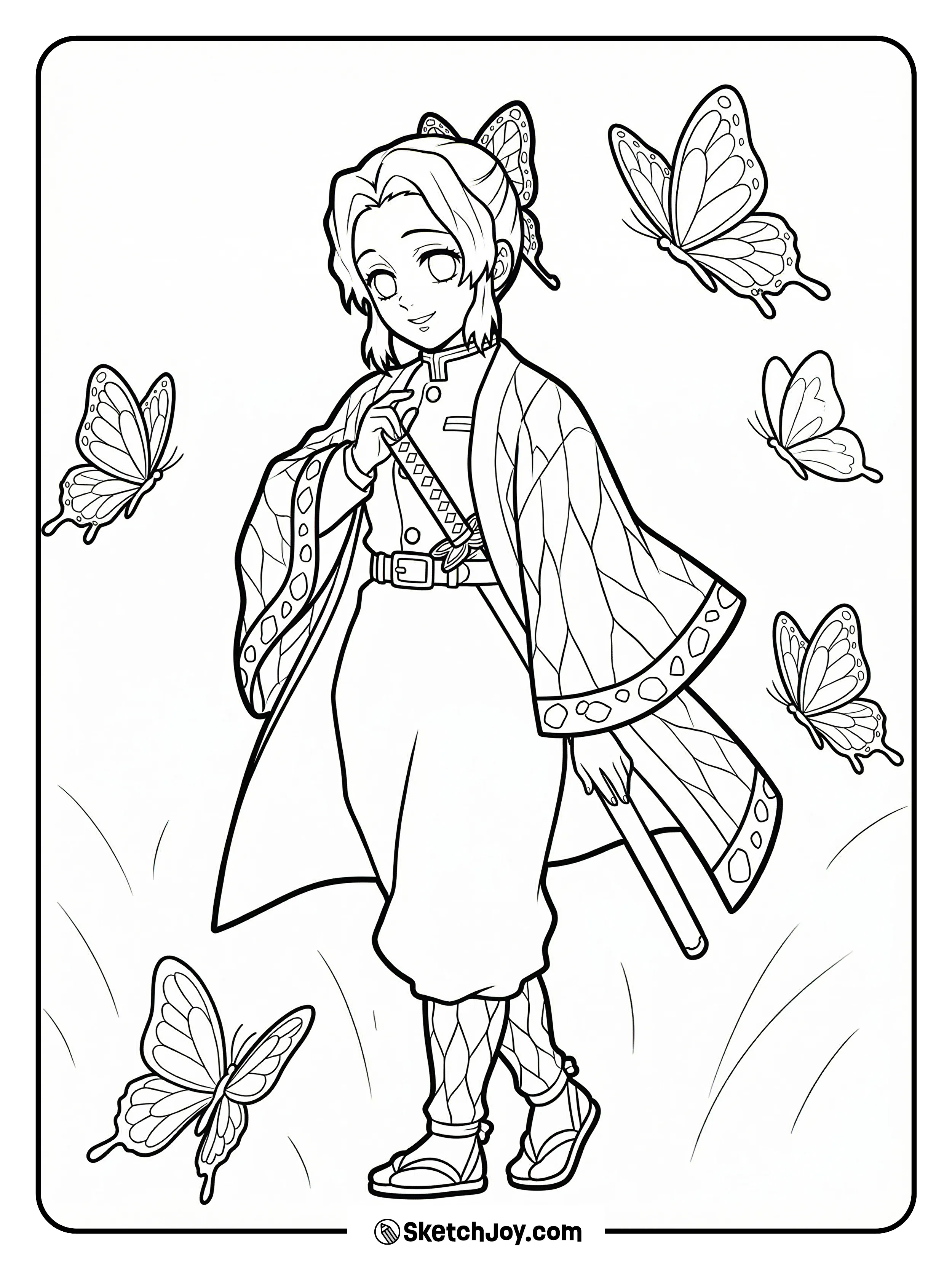 Shinobu smiles softly while butterflies float around her in a neat mansion yard.