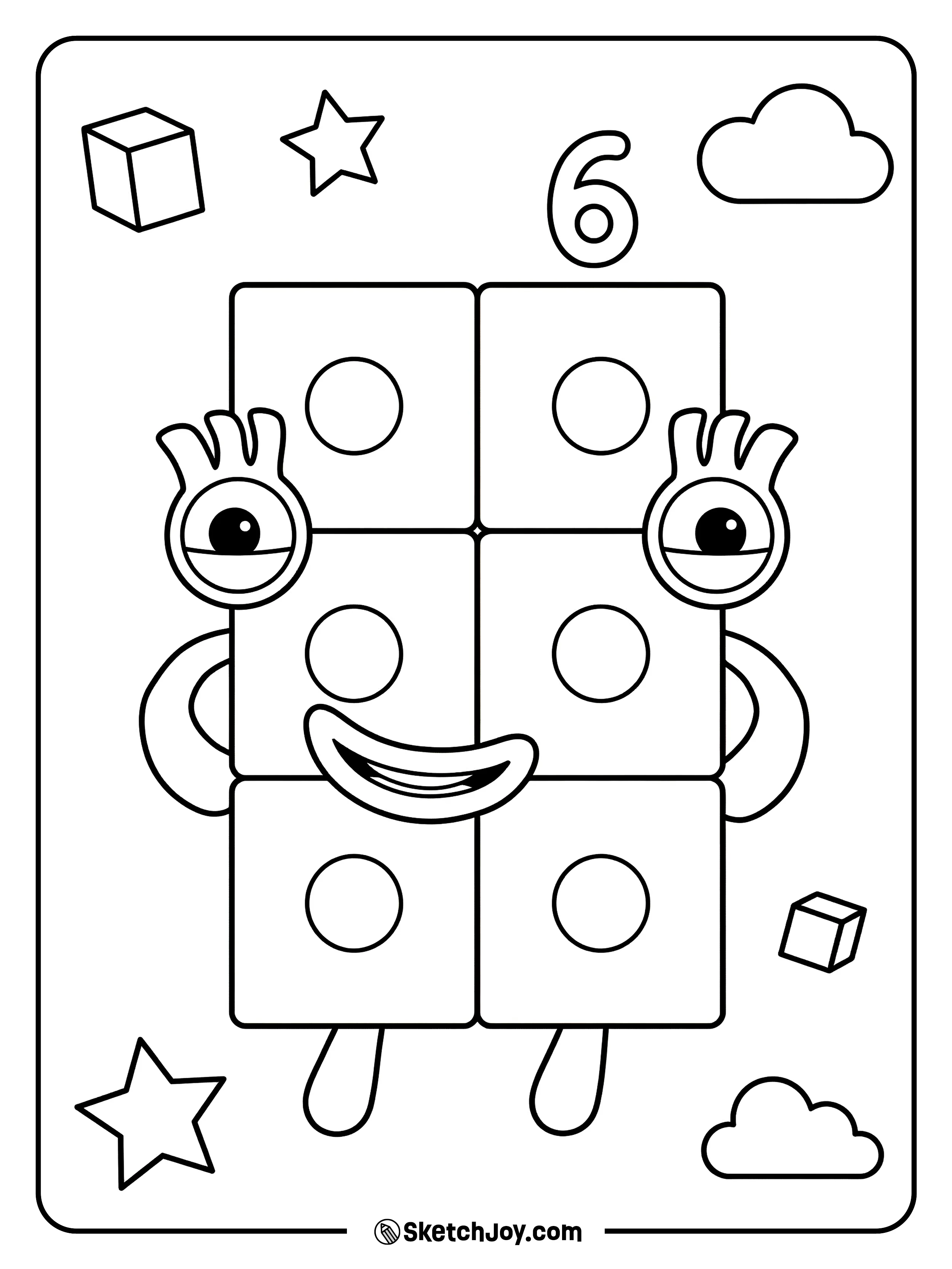 Numberblocks Six shows six dot spots and gives a wide playful smile.
