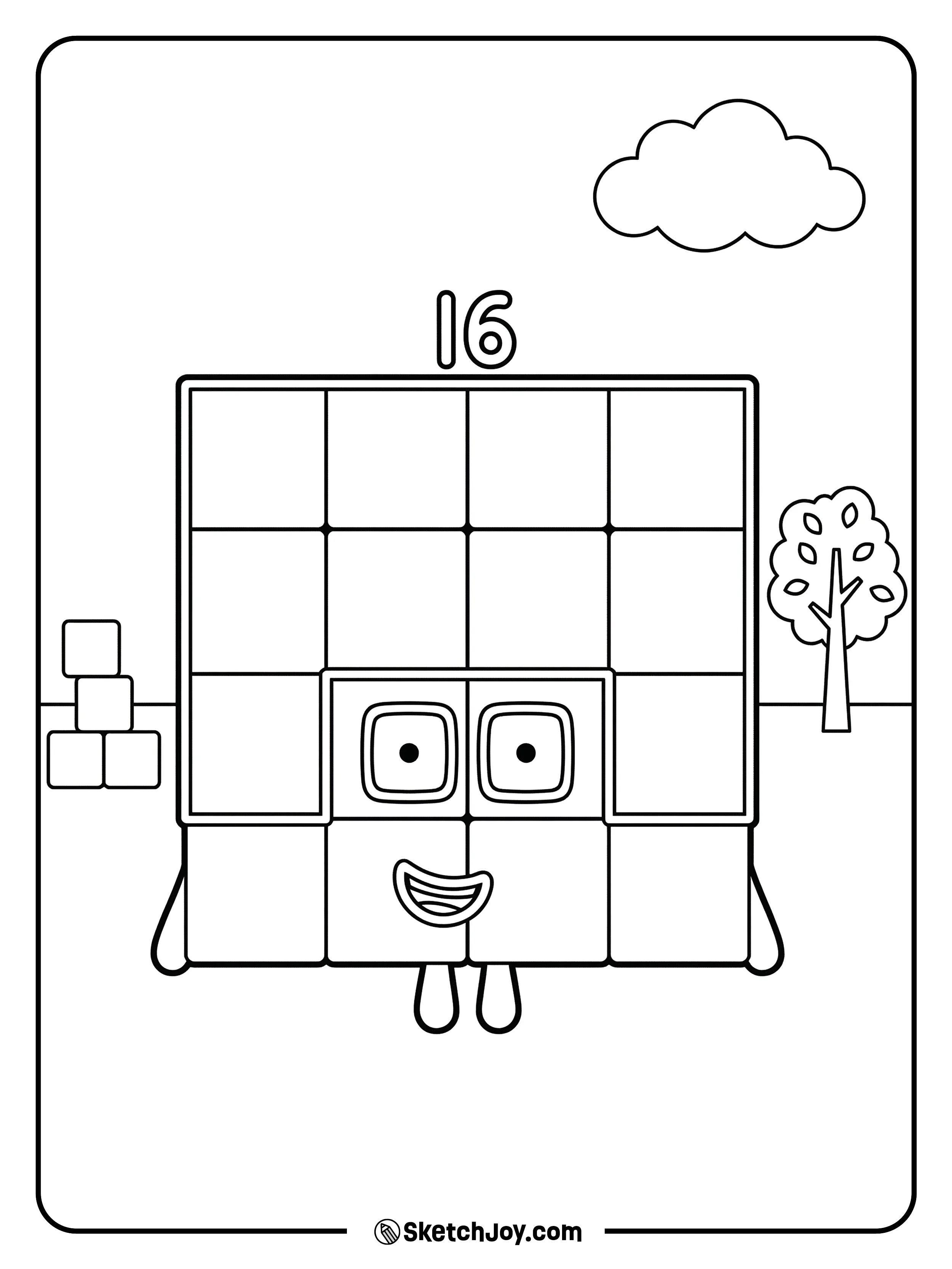 Numberblocks Sixteen stands as a big square of sixteen happy blocks.