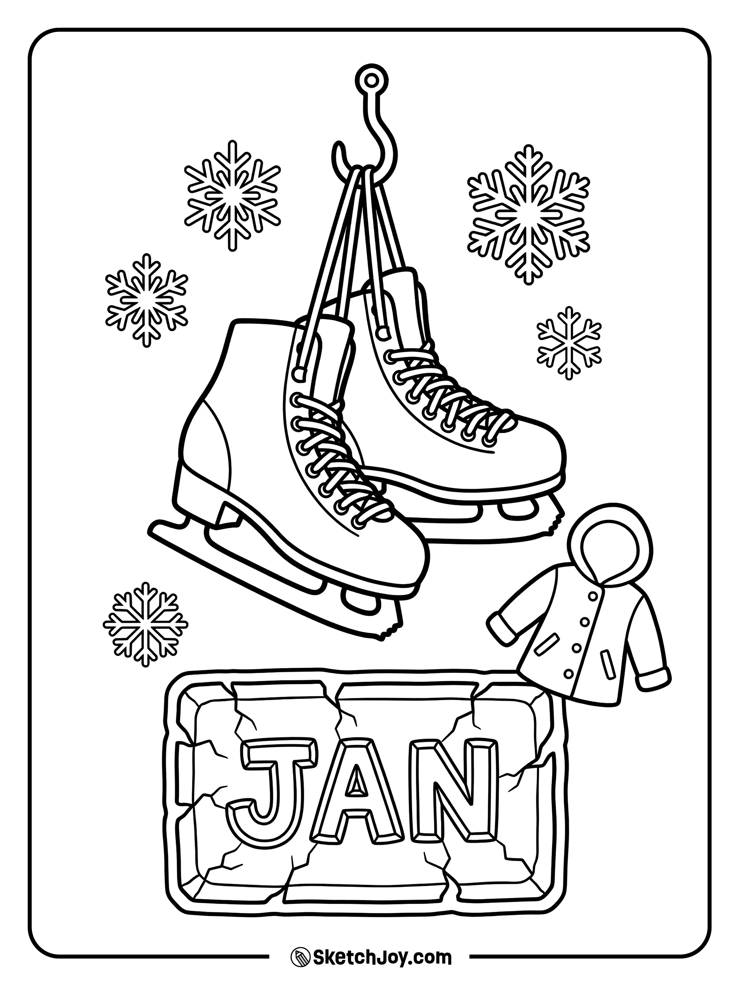A pair of skates hangs near JAN letters carved into ice.