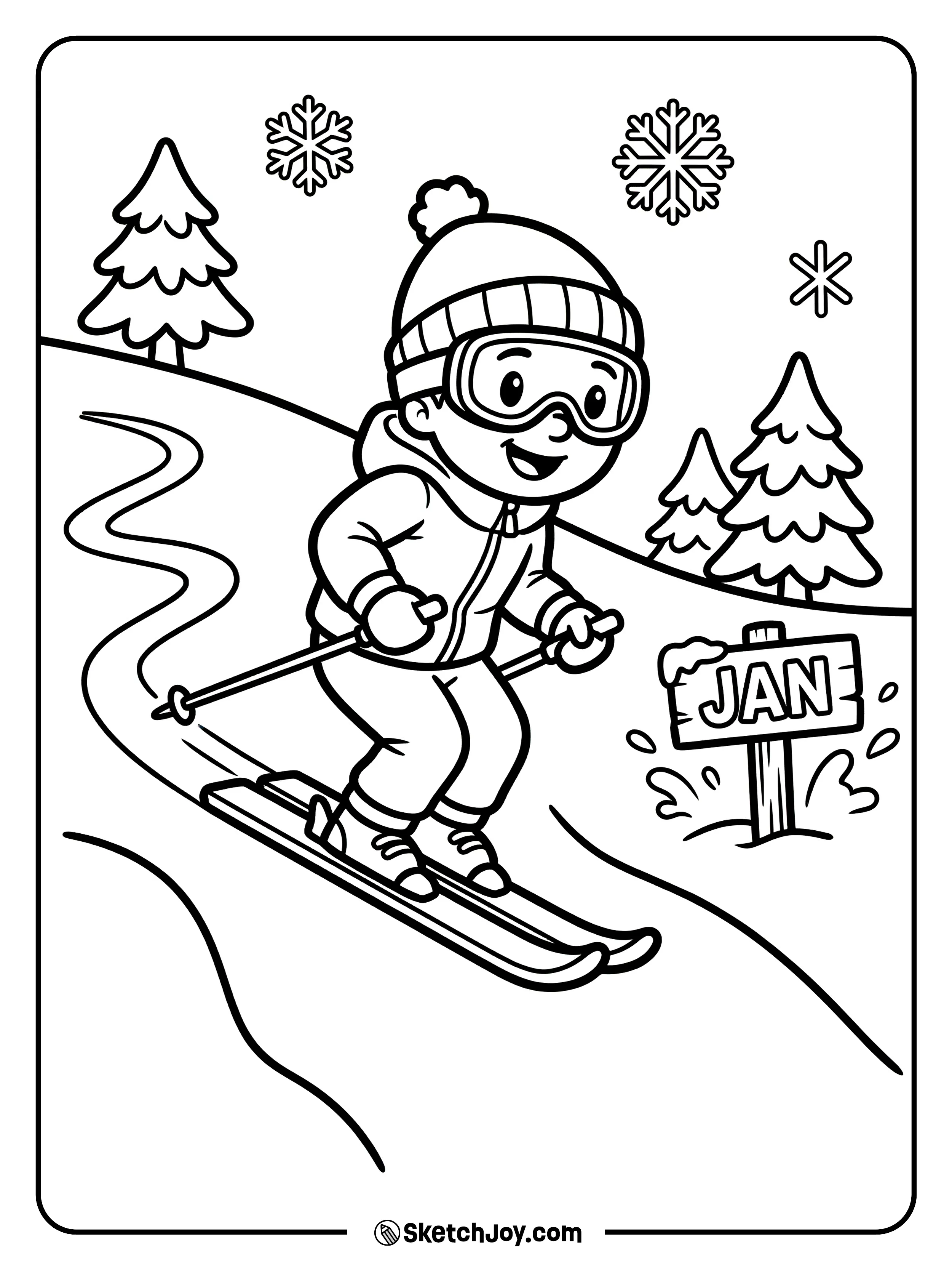 A skier passes a snow-spray JAN sign on the hill.