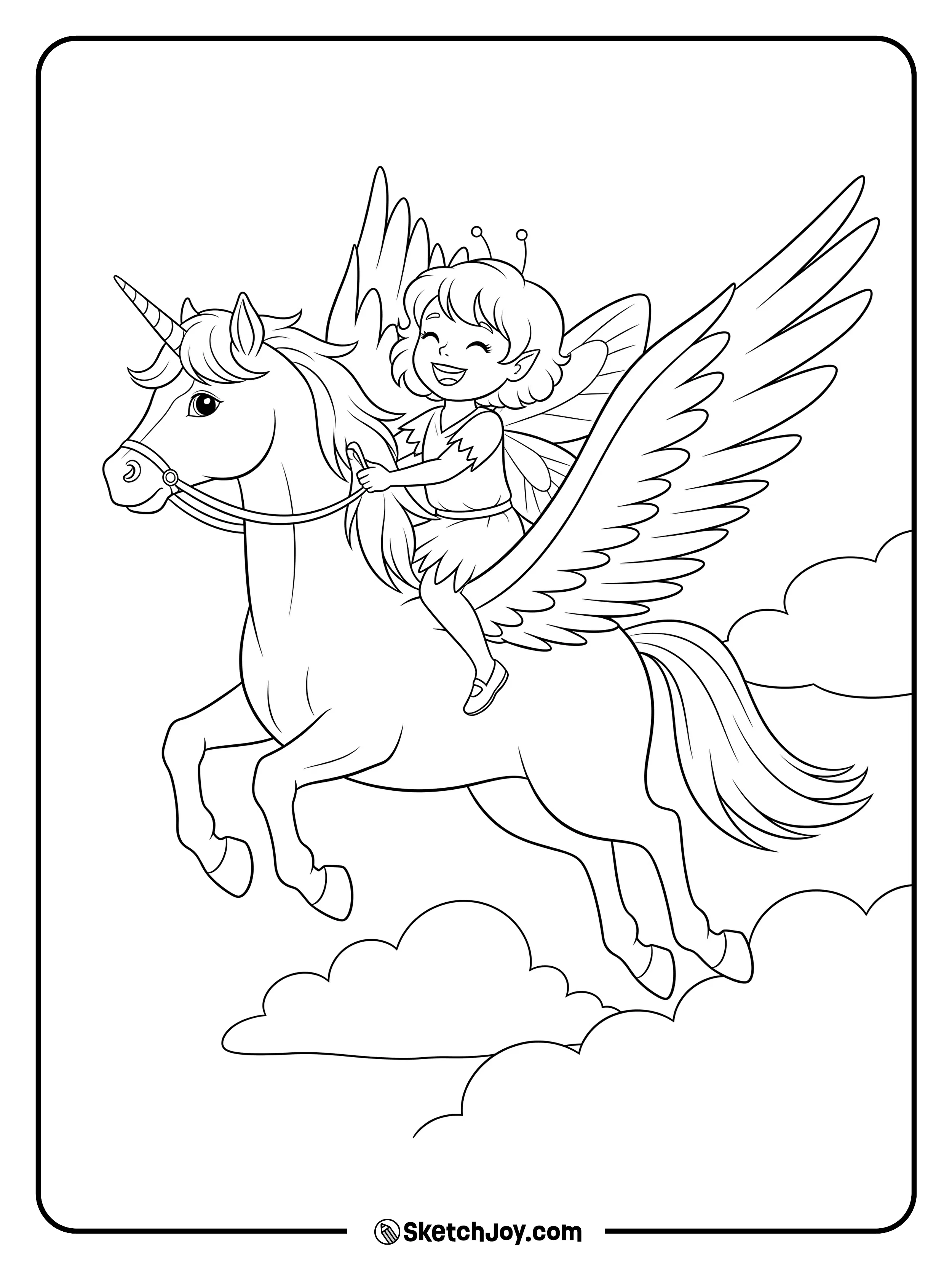 A brave fairy rides a winged horse high above the clouds.