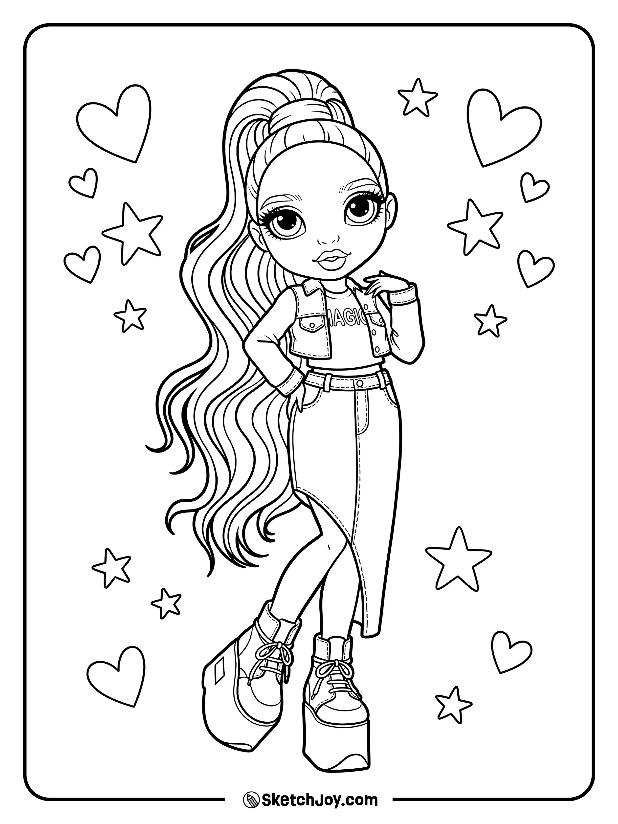 Skyler Bradshaw stands in a long skirt and crop jacket with her hair in a high ponytail.