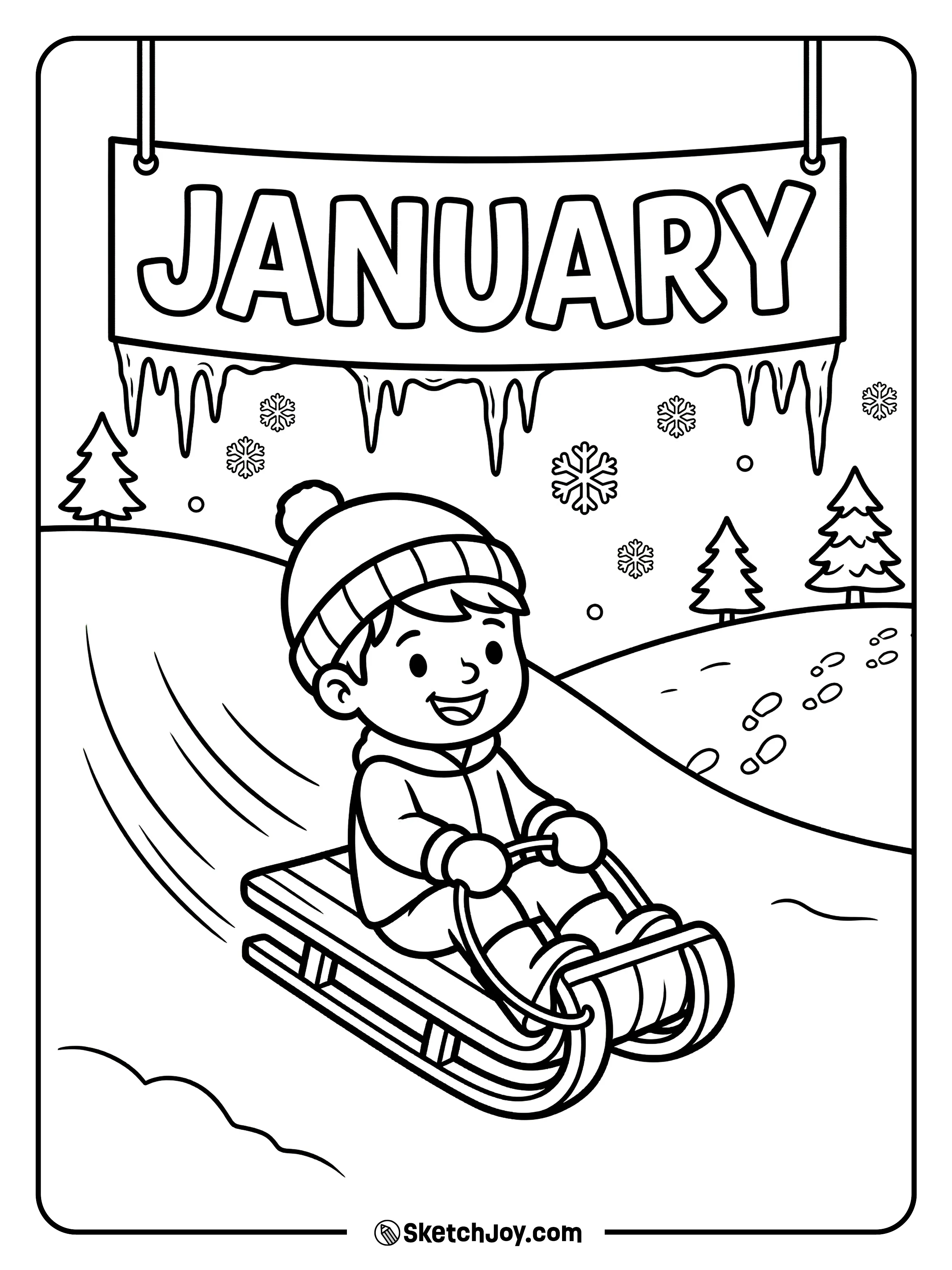 A kid sleds downhill under a JANUARY banner with icicles.