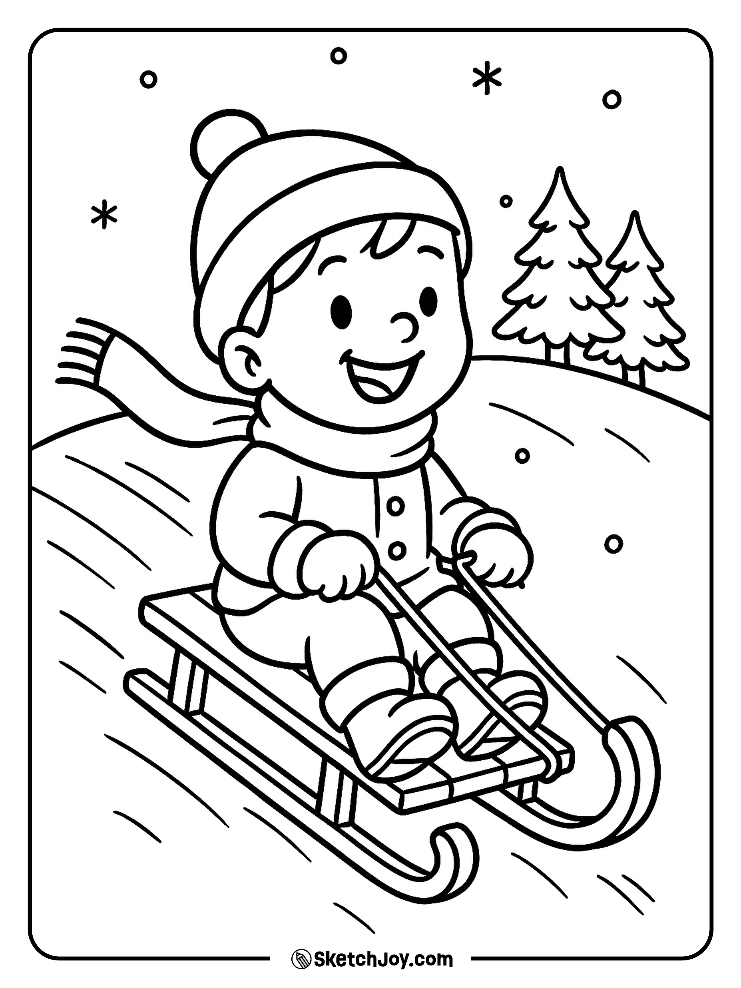 A kid zooms down a hill on a sled with a huge smile.