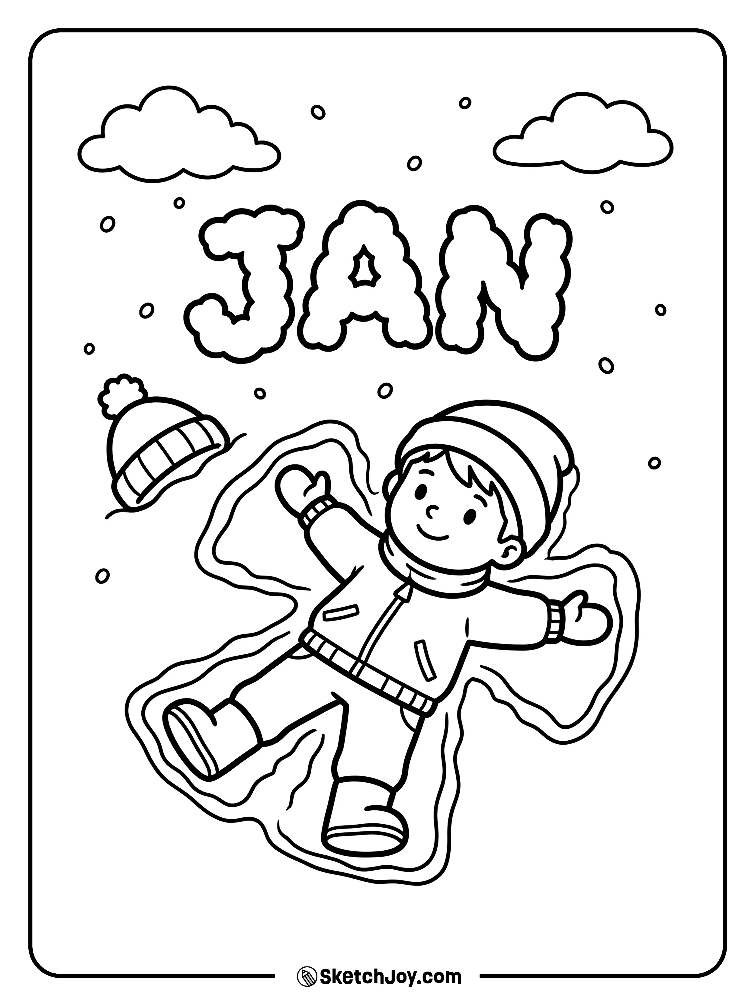 A snow angel scene has puffy JAN letters near the top.