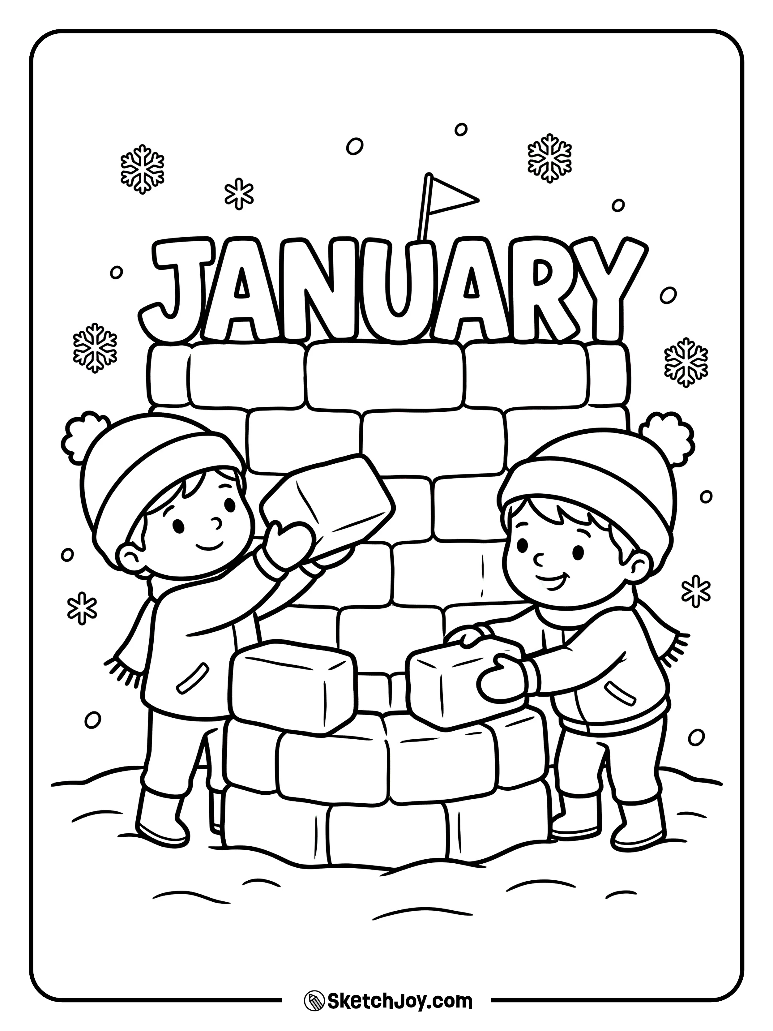 Kids build a snow fort with blocky snow JANUARY letters on top.