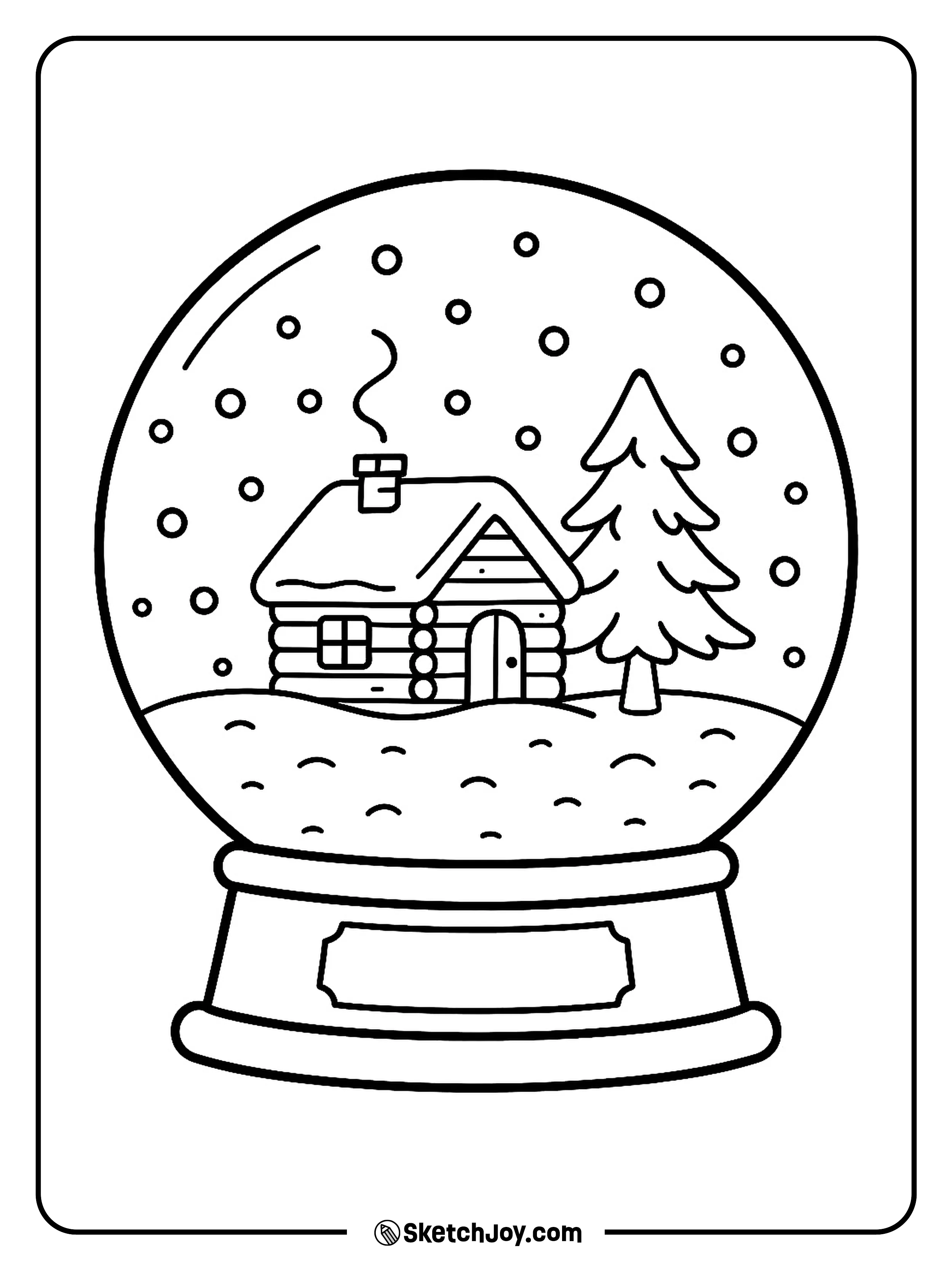 A tiny cabin sits inside a snow globe with drifting flakes.