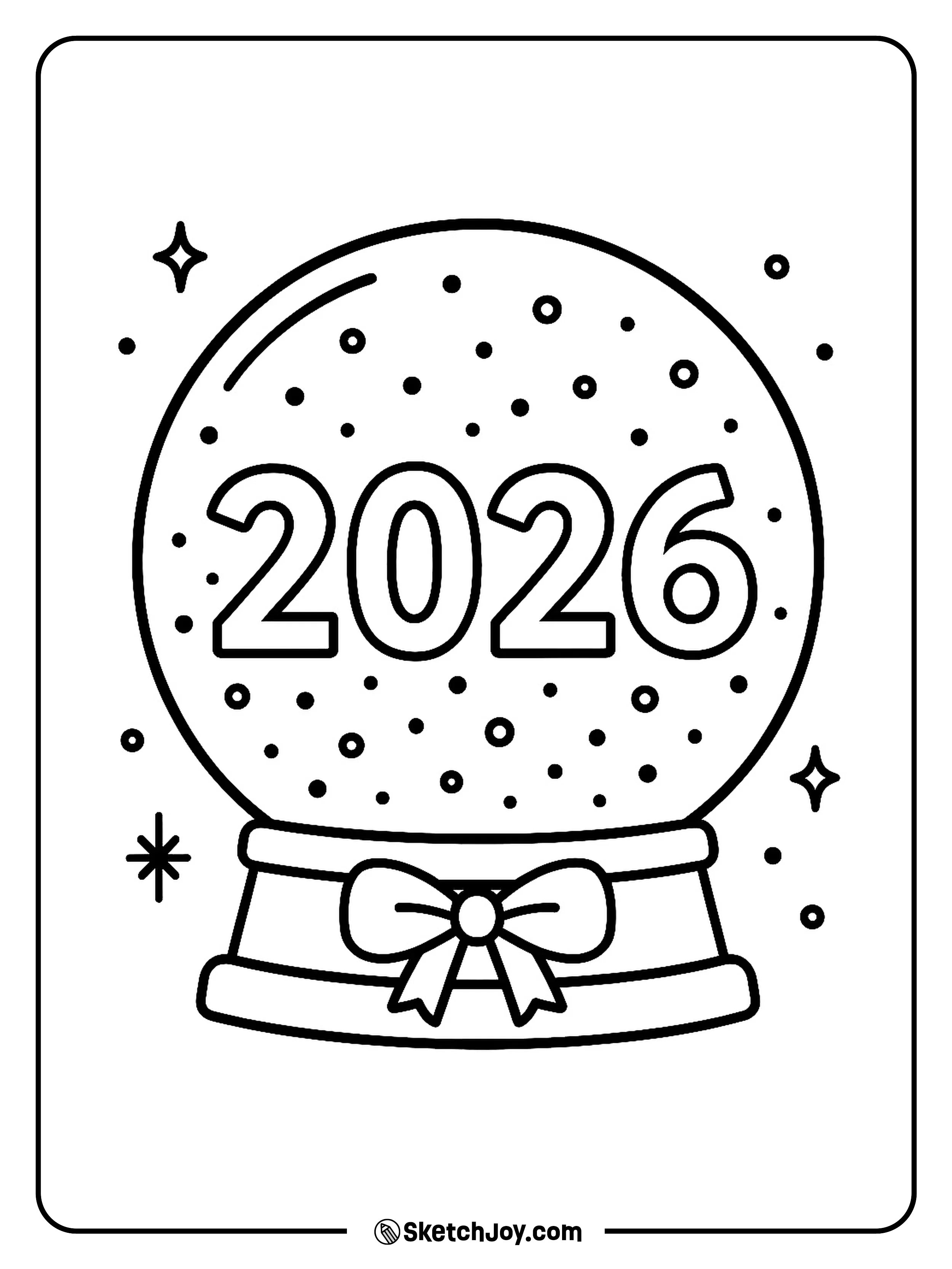 A snow globe shows 2026 with tiny confetti snow.