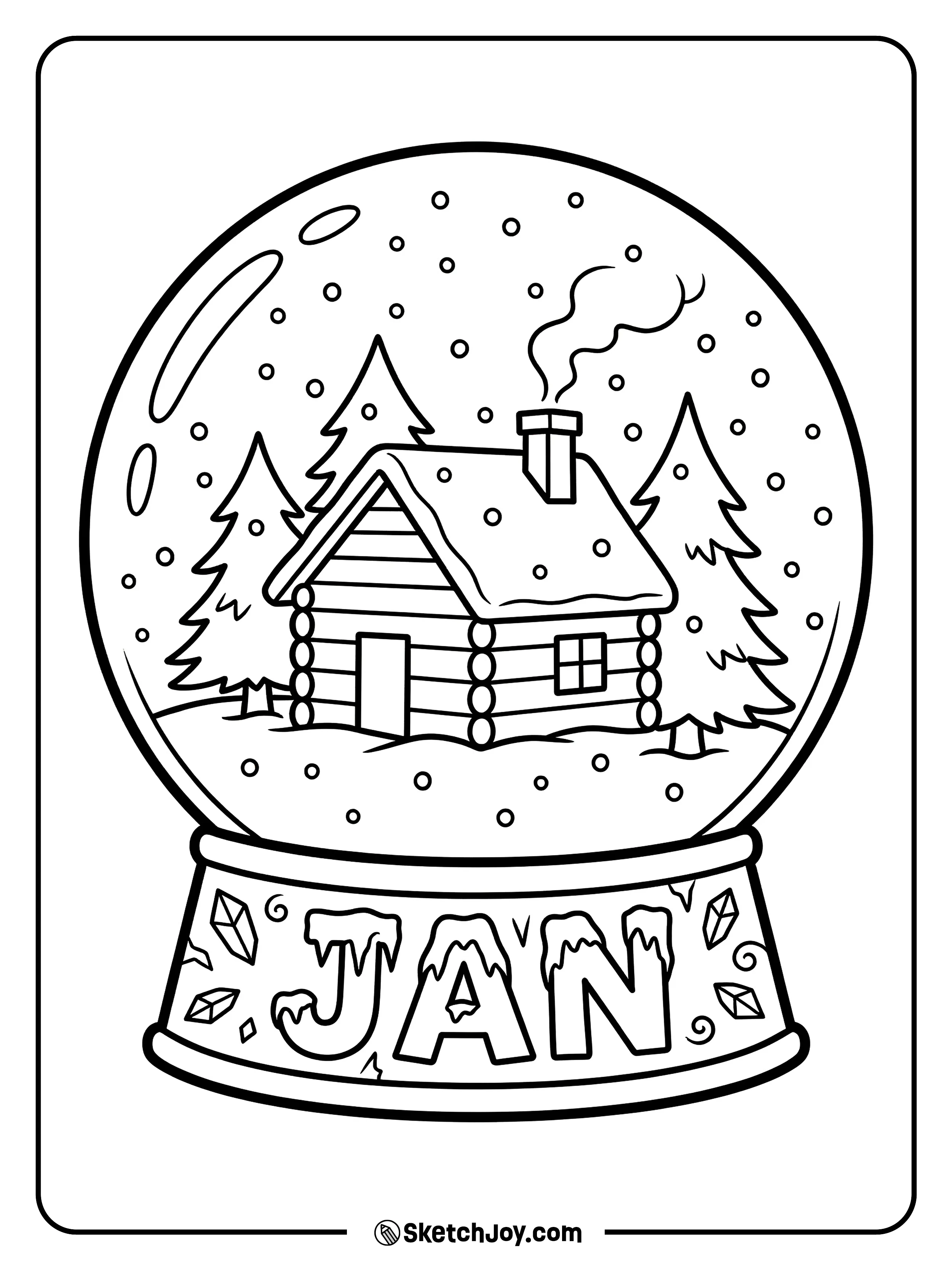 A snow globe shows a cabin with a frosty JAN label on the base.