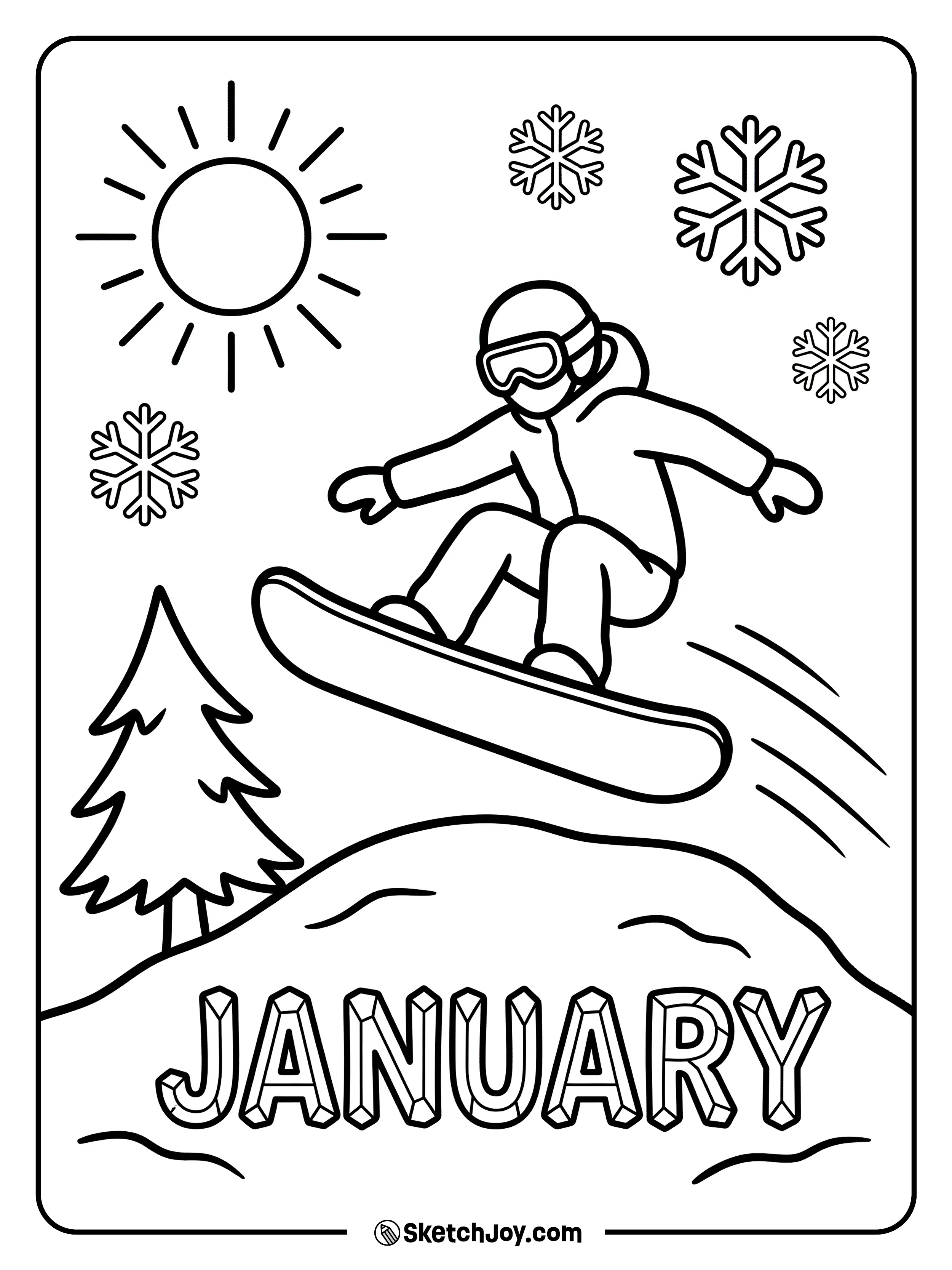 A snowboarder jumps above frozen JANUARY letters in the snow.