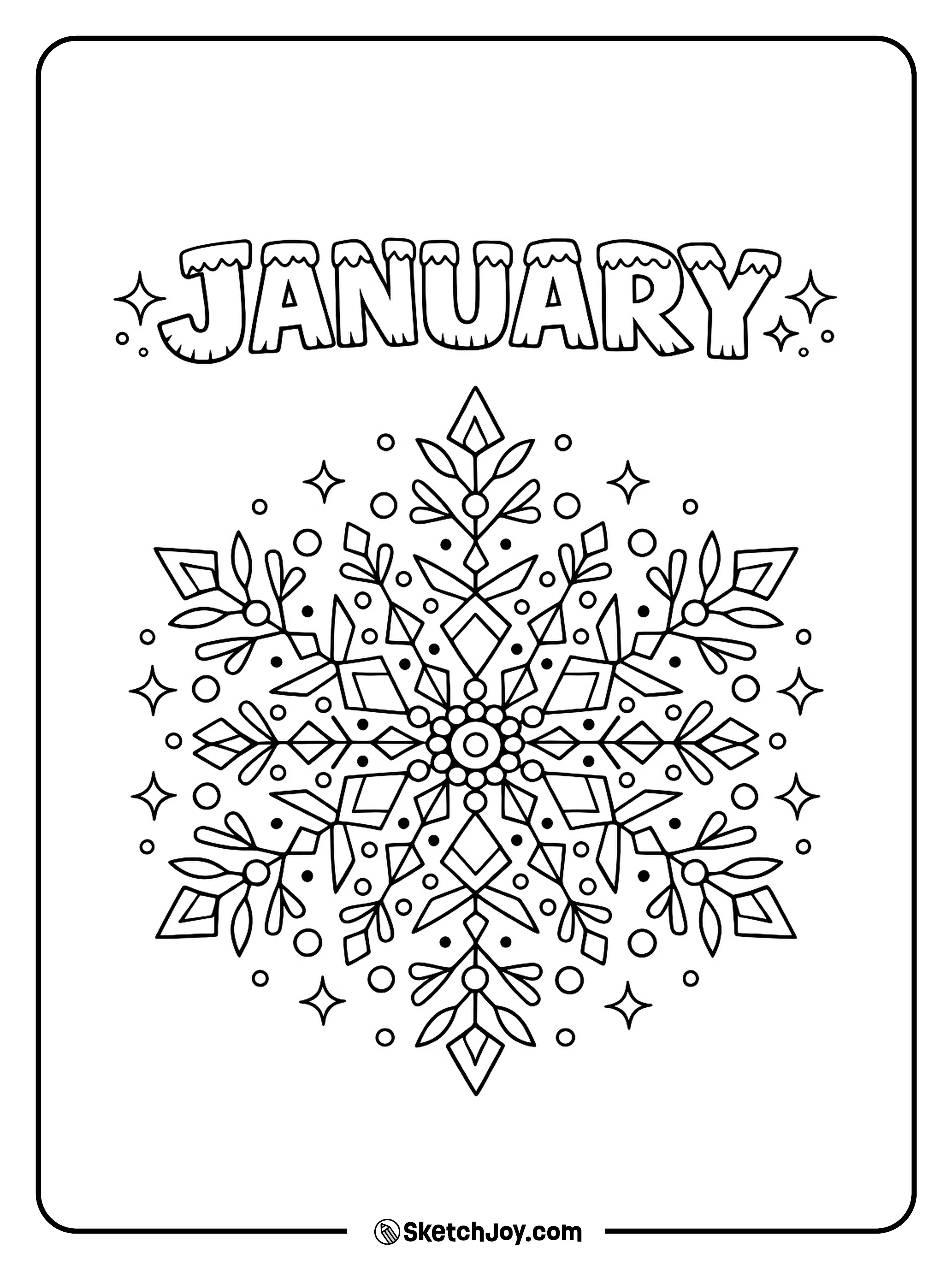A big snowflake mandala has an icy JANUARY title above it.