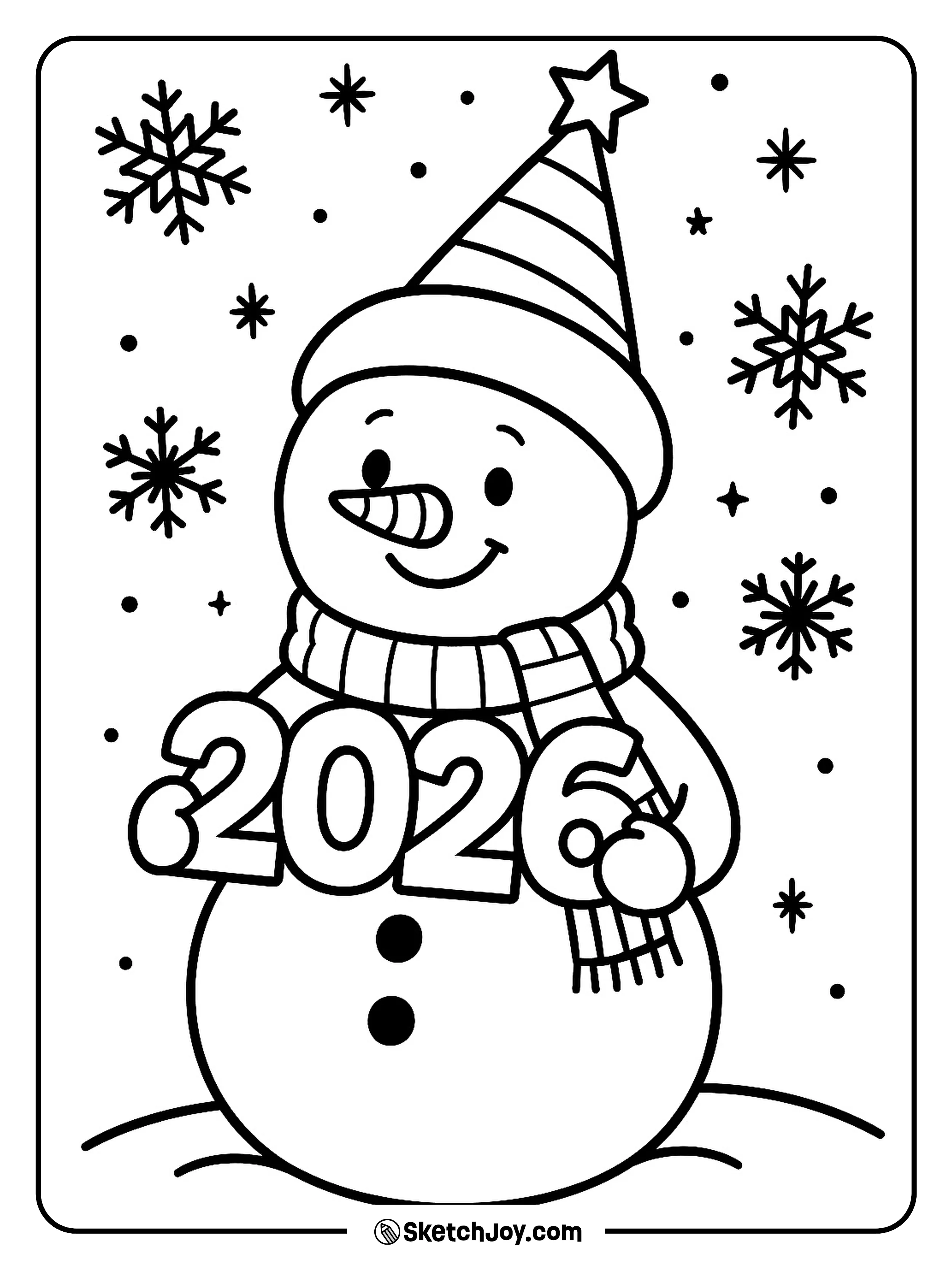 A snowman holds a 2026 sign in the snow.