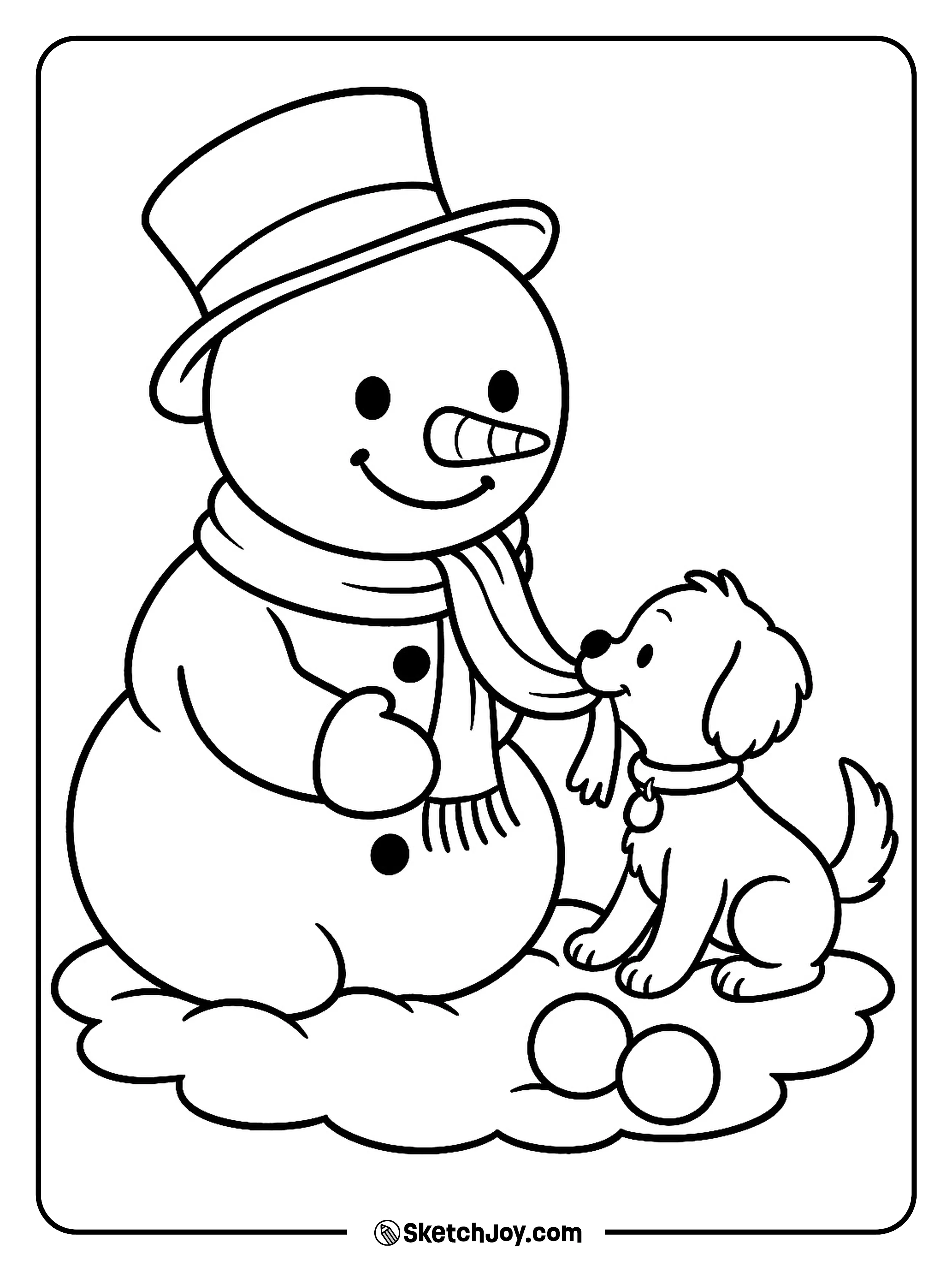 A snowman shares a scarf end with a playful puppy.