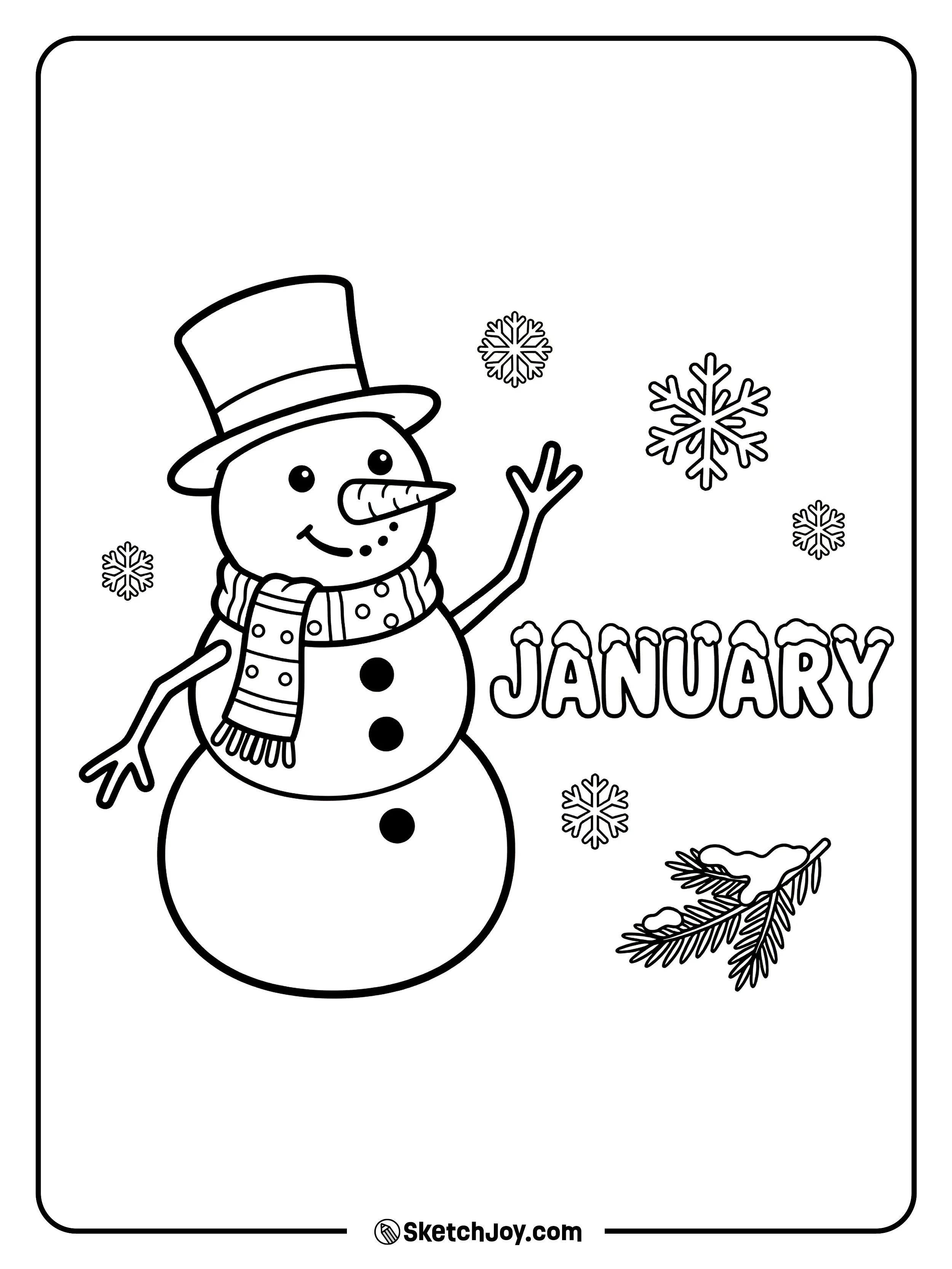 A snowman waves next to snowy JANUARY letters.