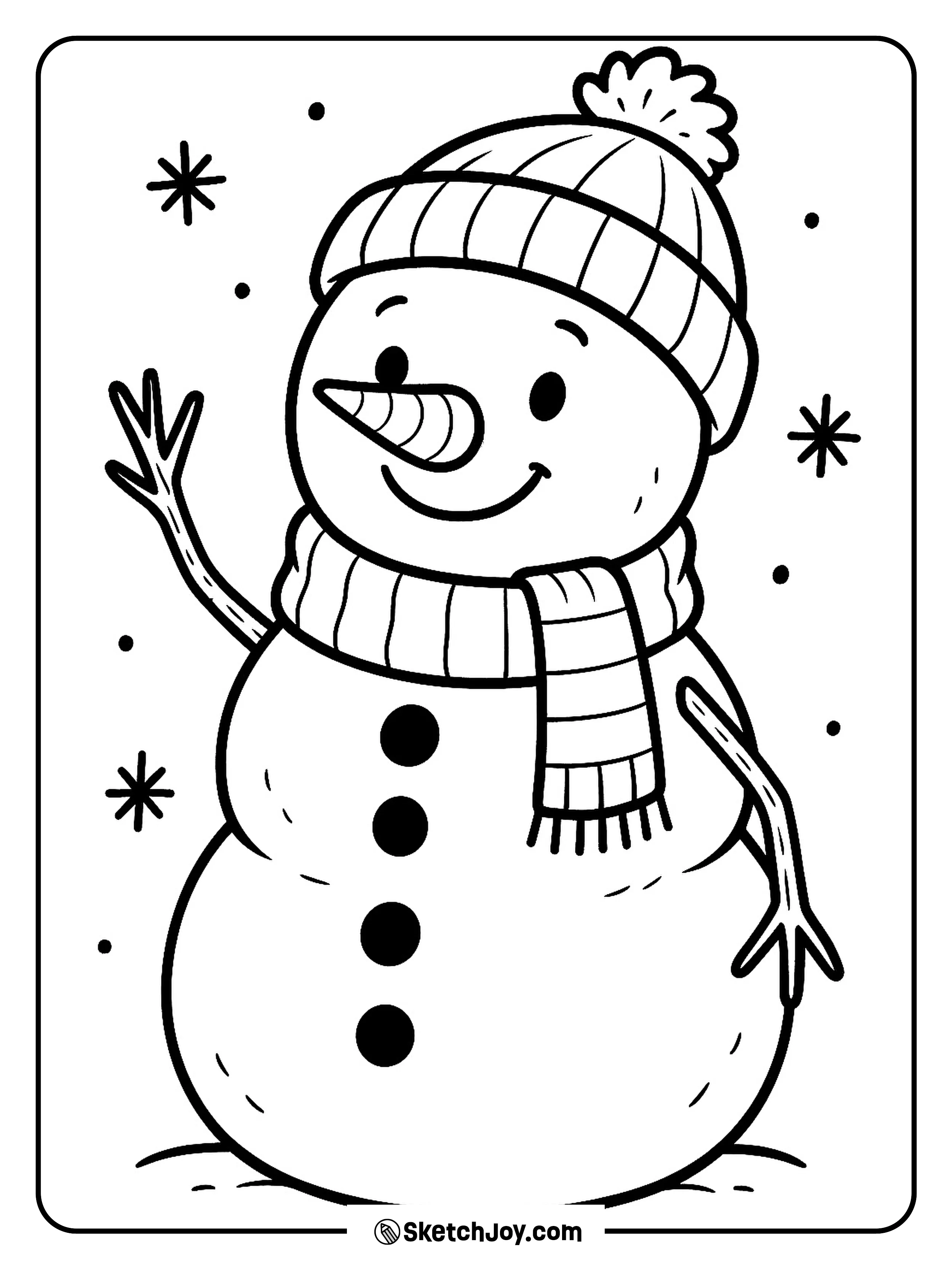 A happy snowman smiles and waves with a chunky scarf.