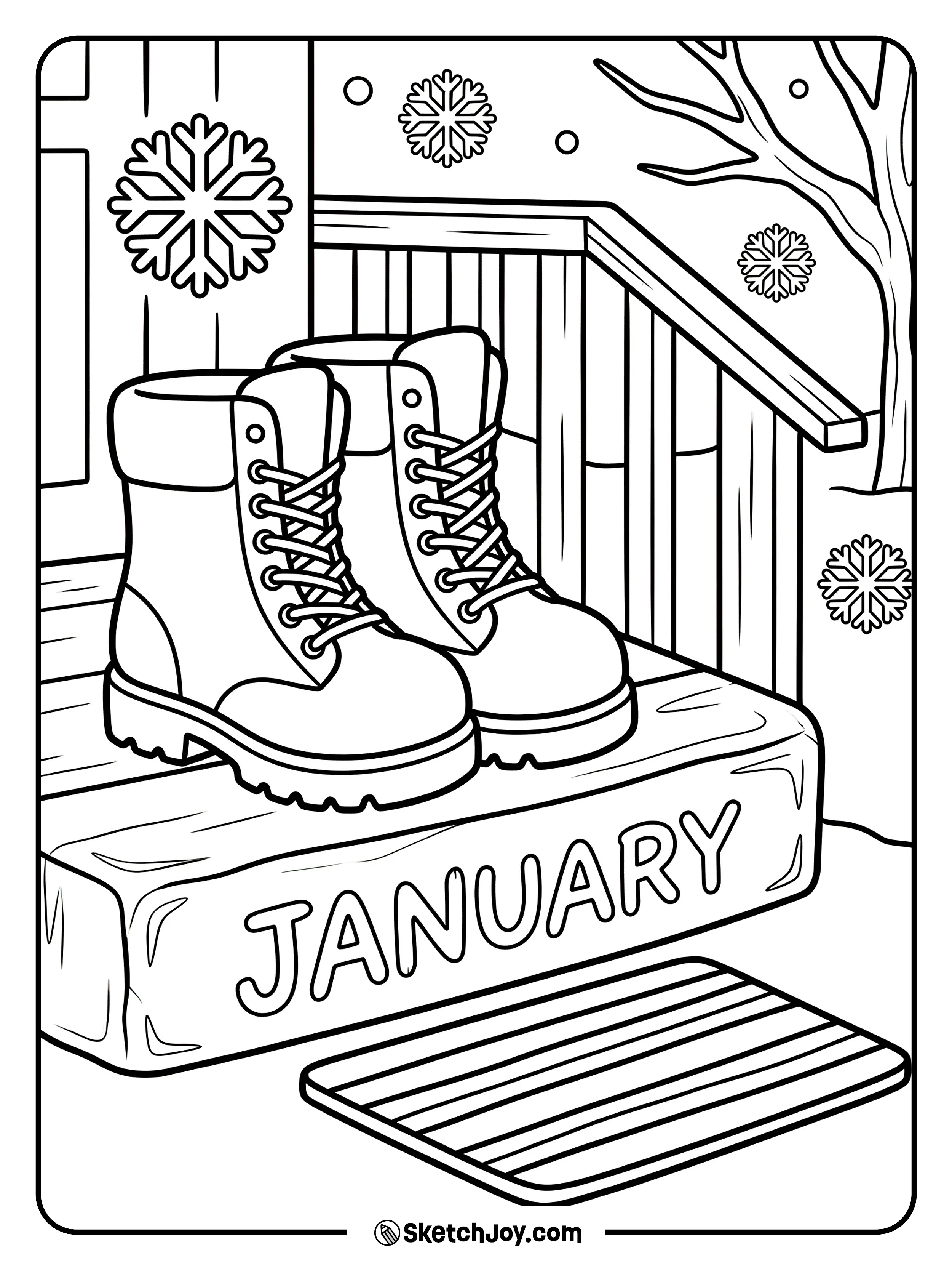 Winter boots sit near JANUARY carved into an icy step.